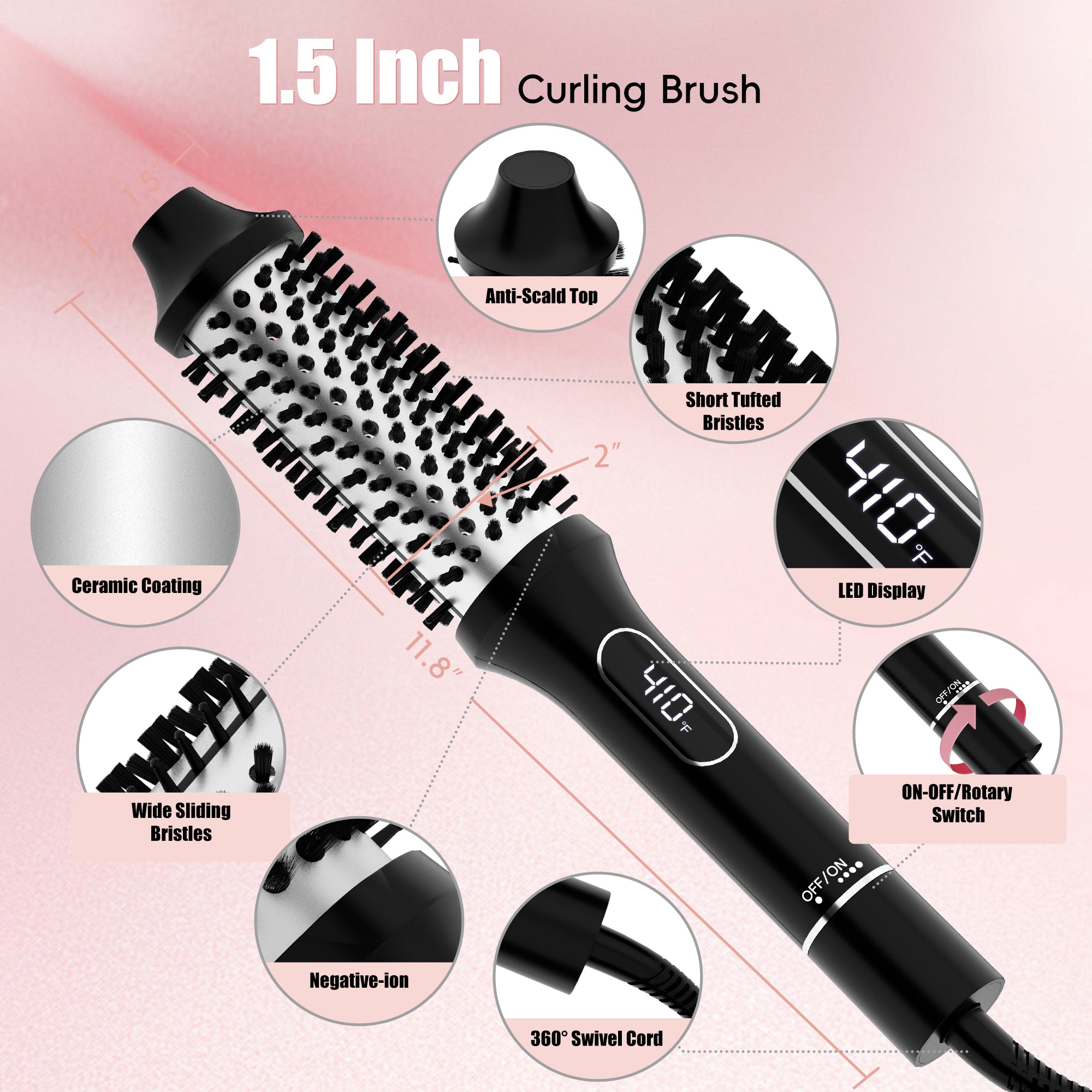 Nicebay Thermal Brush, Heated Round Brush Blow Dryer, Curling Iron Brush, 1.5 inch Electric Curl Wand, Curly Hair Brush, Blowout Brush Dual Voltage