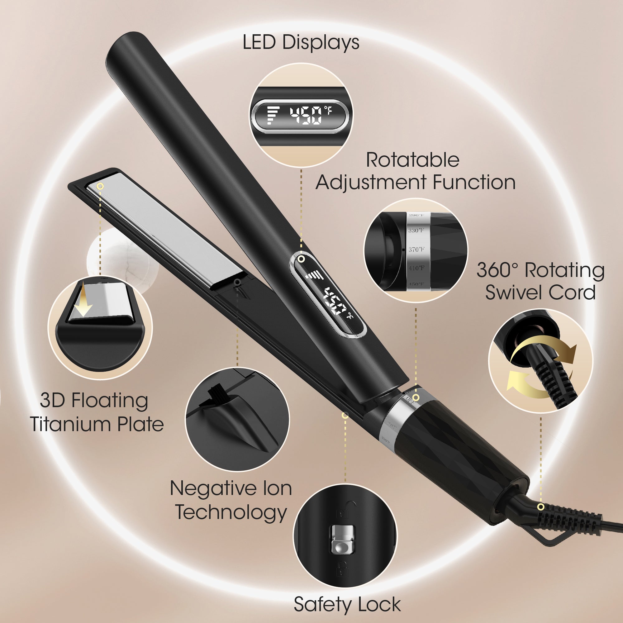 NICEBAY Hair Straightener Flat Iron, Hair Straightening, Curling-5 Temp, Fast Heating
