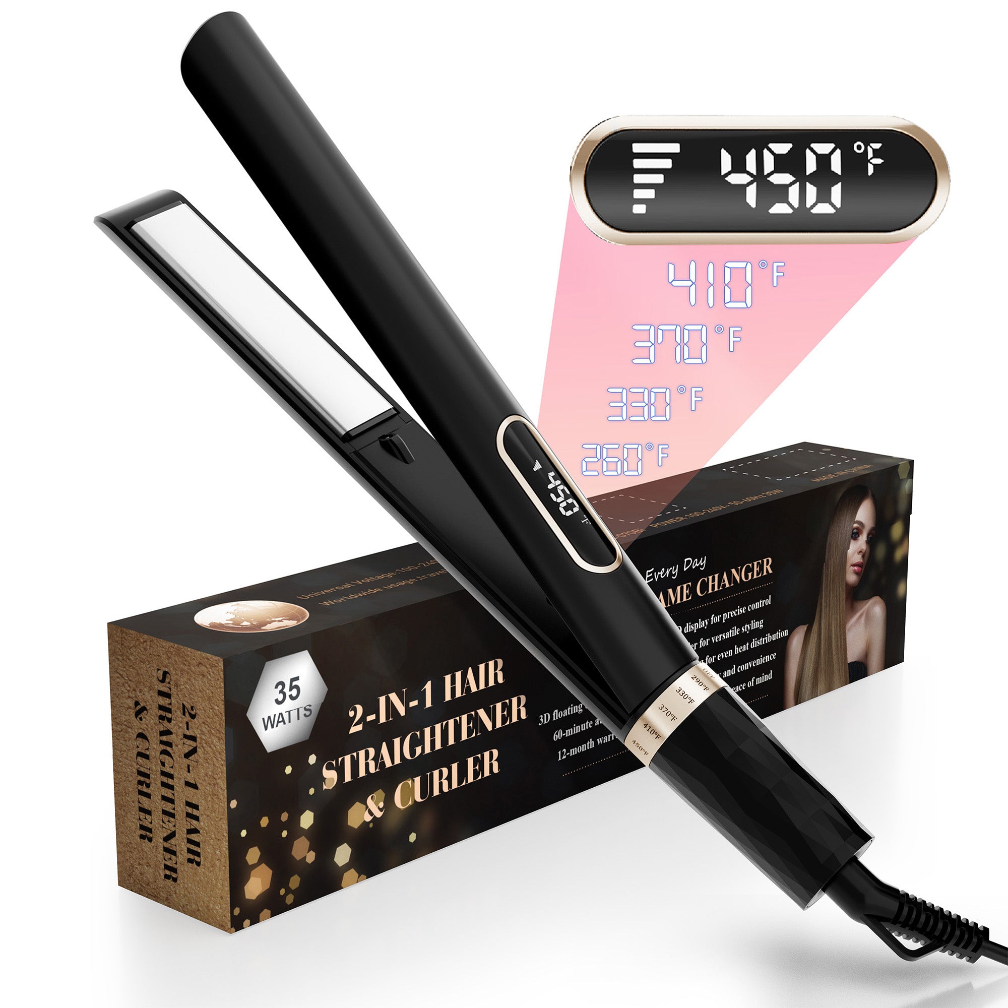 NICEBAY Hair Straightener Flat Iron, Titanium Hair Curler Iron, Fast Heating, 5 Temp Settings, Curling Iron for Hair Care