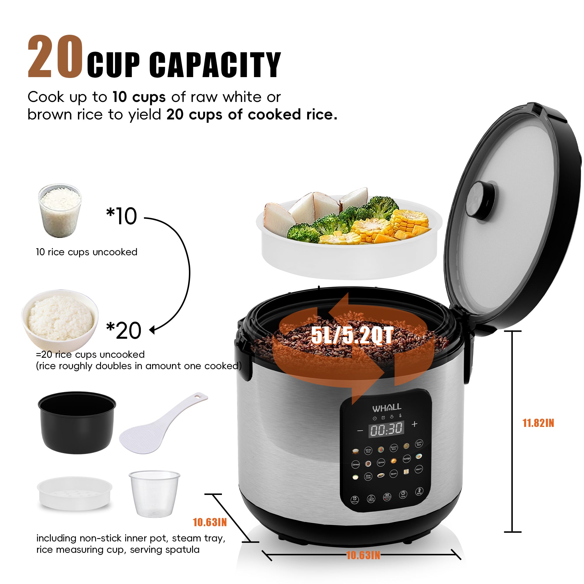 WHALL 10-Cup Uncooked / 20-Cup Rice Cooked Capacity, Multi-Function Steamer, Slow Cooker, Oatmeal Setting, Auto Keep Warm Feature