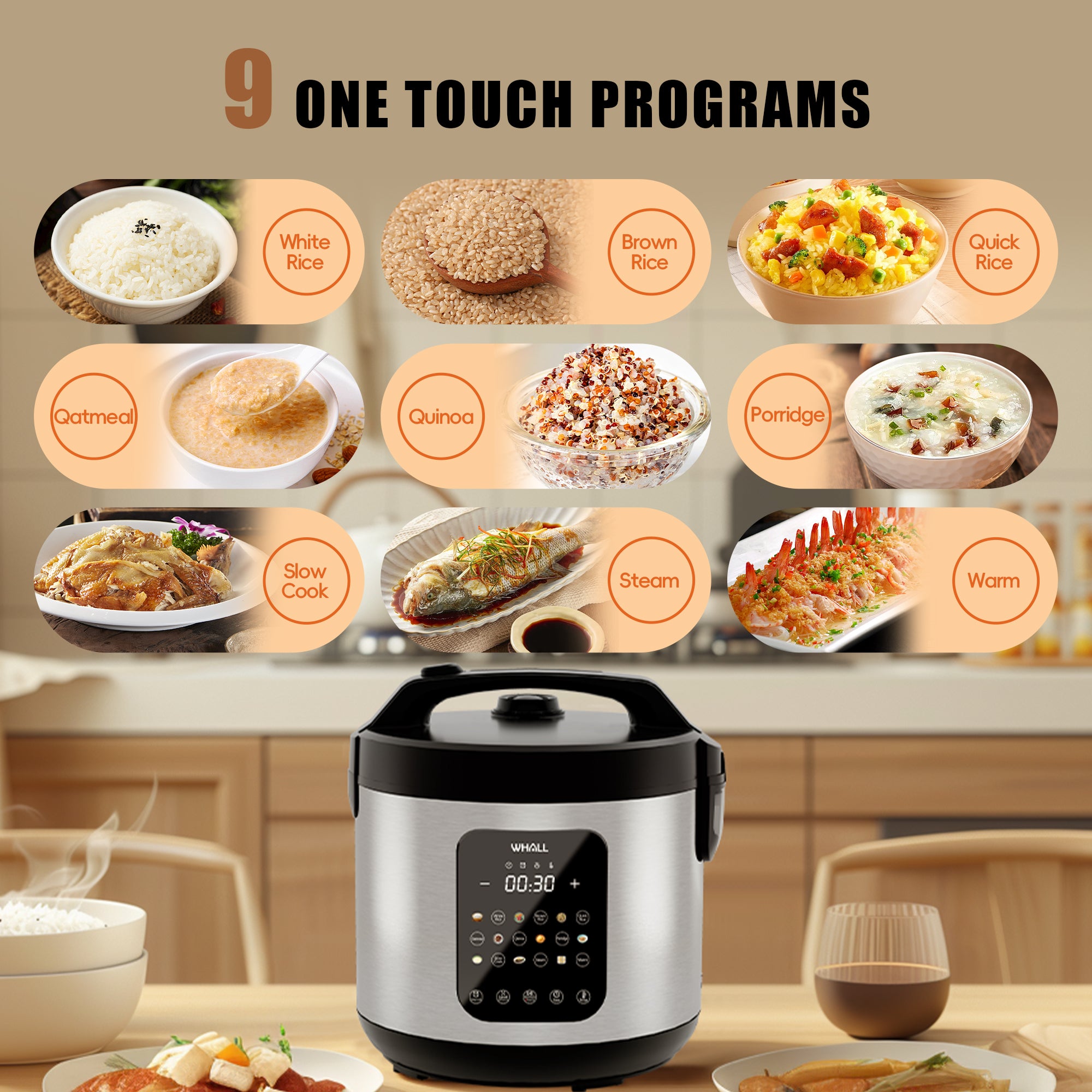 WHALL 10-Cup Uncooked / 20-Cup Rice Cooked Capacity, Multi-Function Steamer, Slow Cooker, Oatmeal Setting, Auto Keep Warm Feature