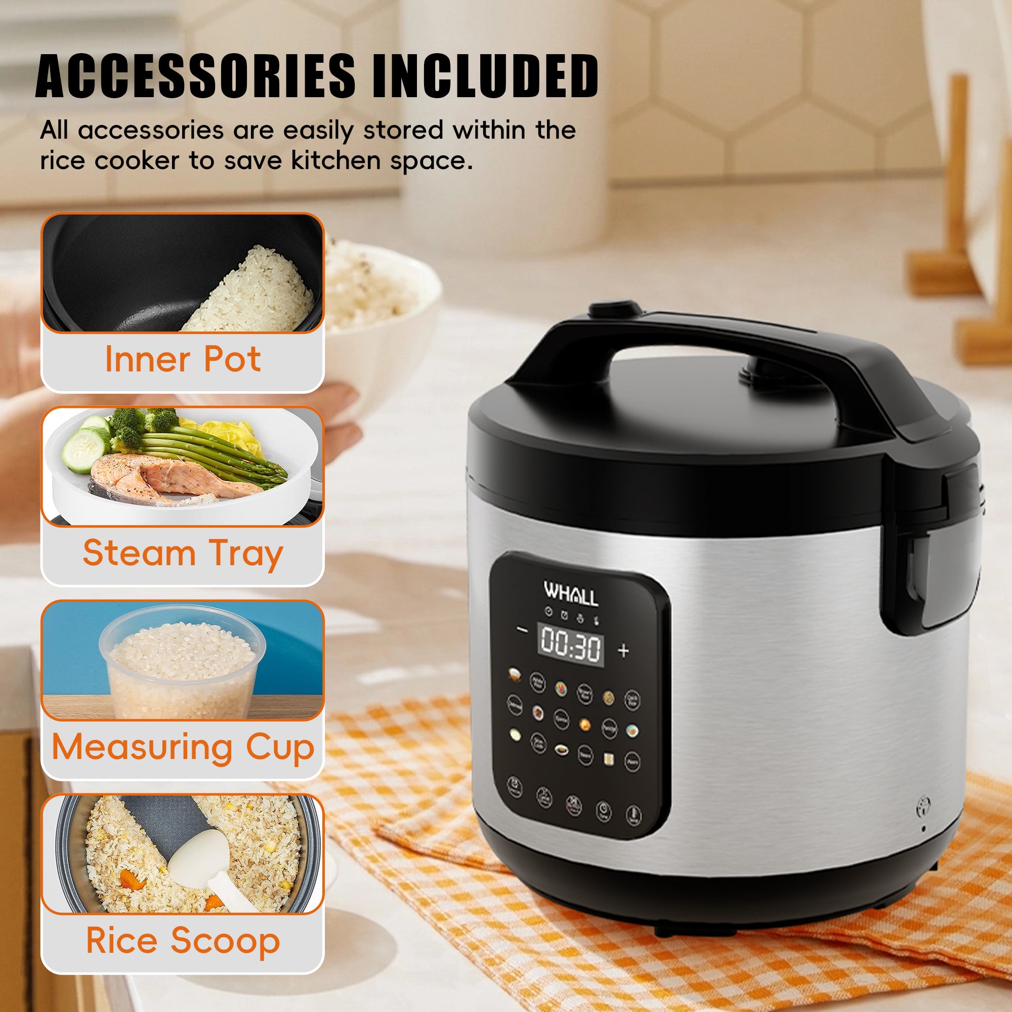 WHALL 10-Cup Uncooked / 20-Cup Rice Cooked Capacity, Multi-Function Steamer, Slow Cooker, Oatmeal Setting, Auto Keep Warm Feature