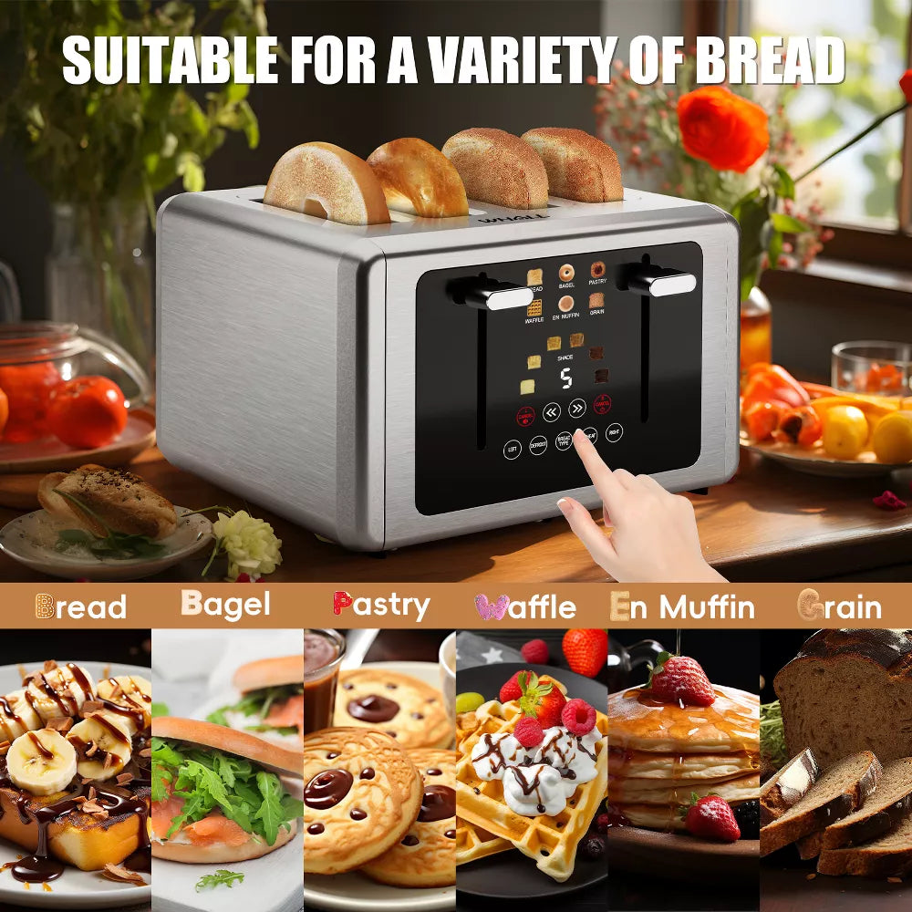 WHALL Toaster 4 Slice,Touchscreen Bread Toaster, Stainless Steel 4 Slice Toaster,Dual Control Panel Bagel Toasters, Smart Toasters with Wide Slots