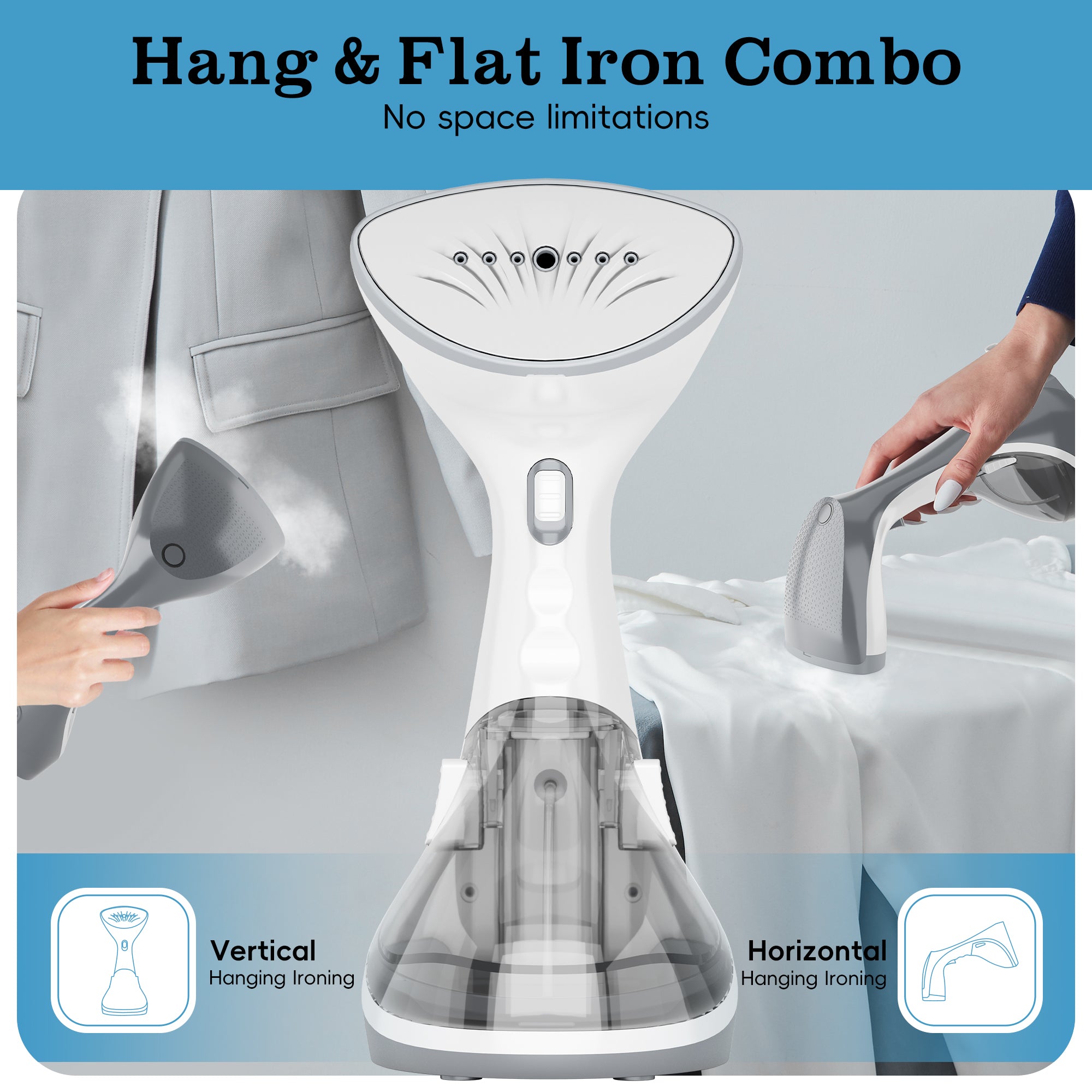 WHALL Handheld Steamer, Steam/Dry Iron 2-in-1, 1200W Fast Heat Wrinkle Remover, Portable with Brush for Clothes/Travel