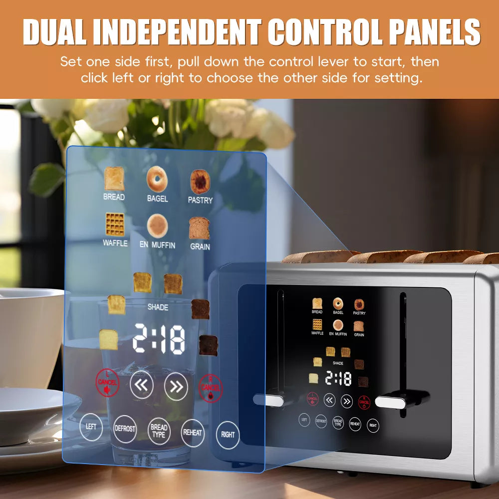 WHALL Toaster 4 Slice,Touchscreen Bread Toaster, Stainless Steel 4 Slice Toaster,Dual Control Panel Bagel Toasters, Smart Toasters with Wide Slots
