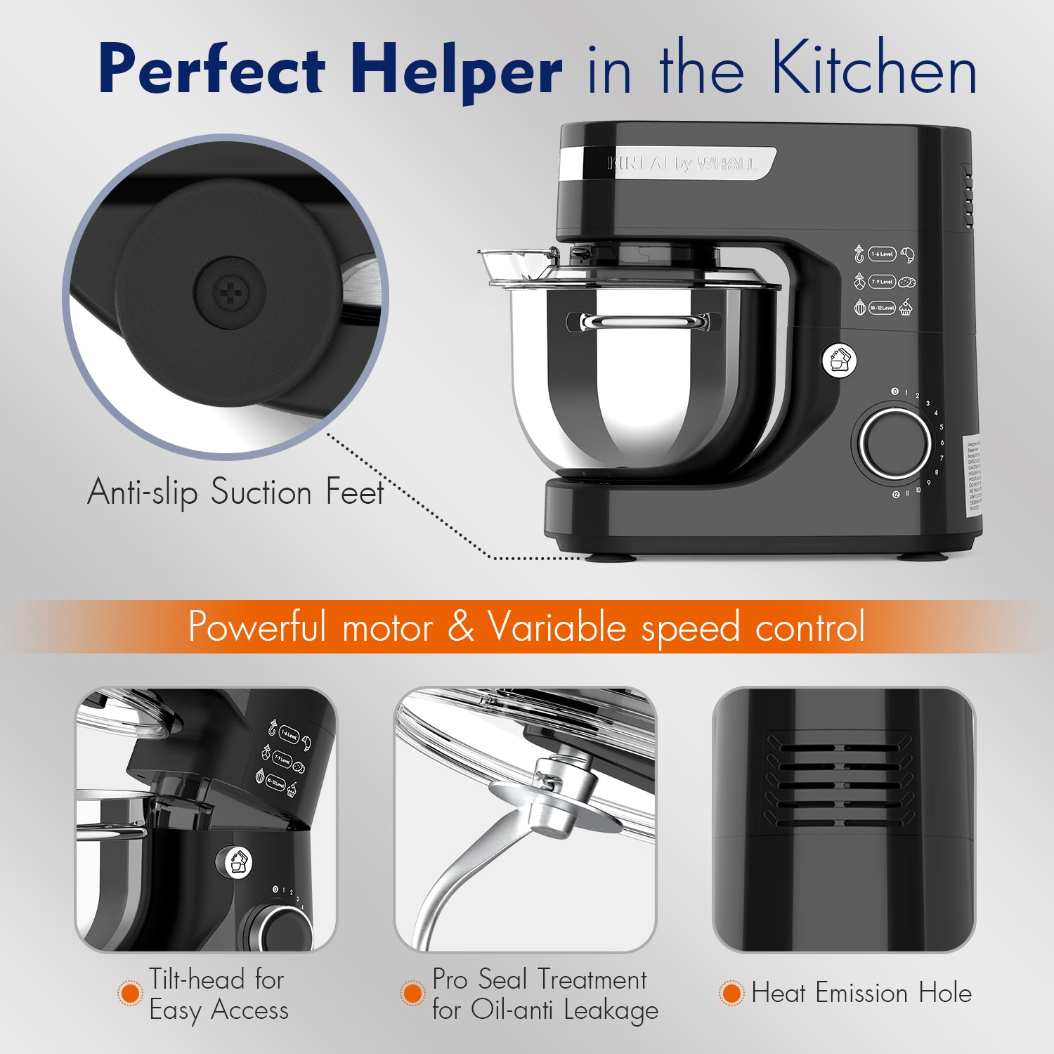 WHALL Stand Mixer,12-Speed Tilt-Head Electric Kitchen Mixer with Dough Hook/Wire Whip/Beater, Stainless Steel Bowl Black