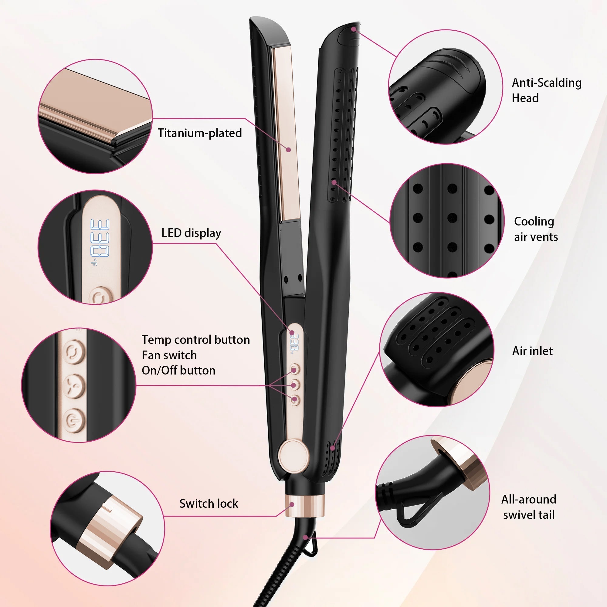 Nicebay Airflow Styling, Hair Straightener, 1 inch Curling Wand Cool Air Vent, 5 Temp, Dual Voltage& Auto Shut off, Rose Gold