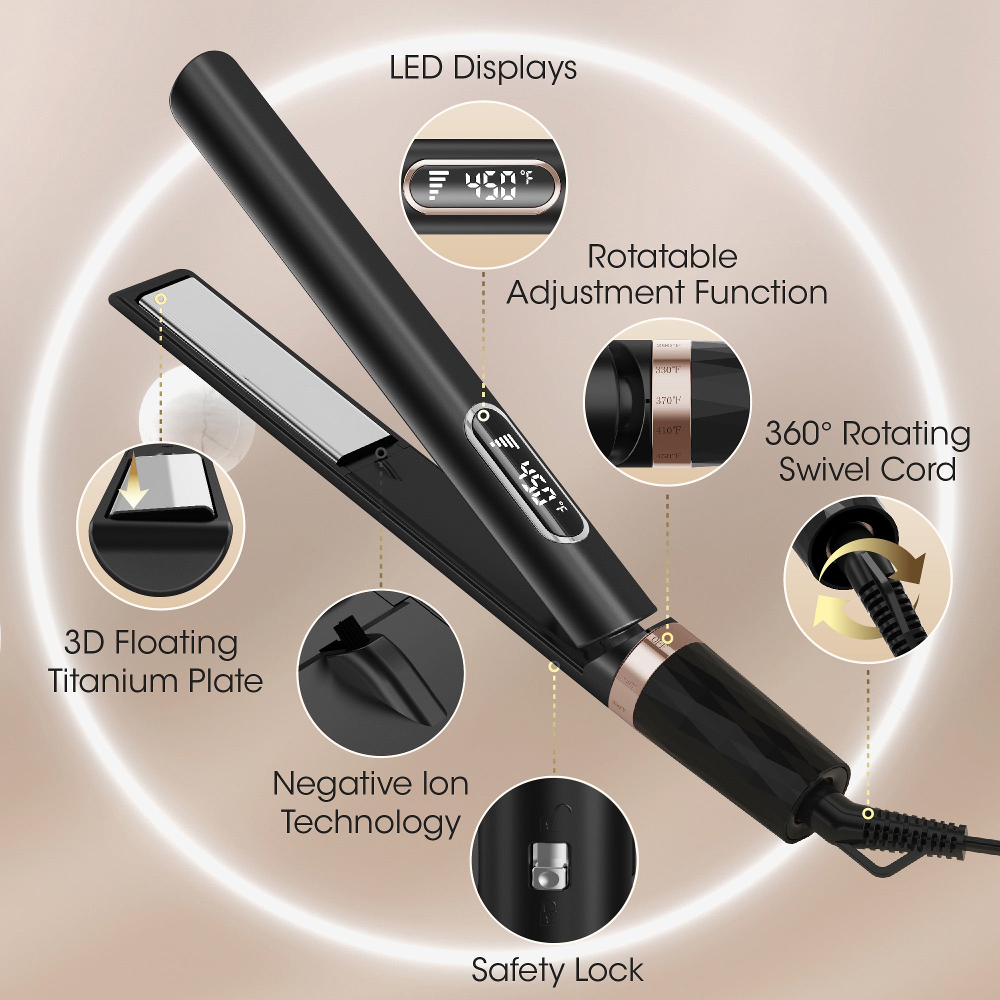 NICEBAY Hair Straightener Flat Iron, Titanium Hair Curler Iron, Fast Heating, 5 Temp Settings, Curling Iron for Hair Care