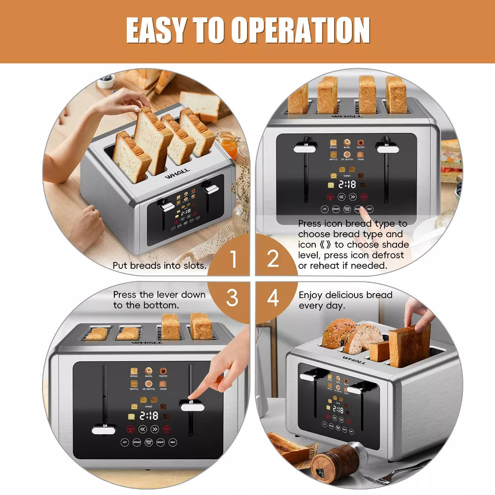 WHALL Toaster 4 Slice,Touchscreen Bread Toaster, Stainless Steel 4 Slice Toaster,Dual Control Panel Bagel Toasters, Smart Toasters with Wide Slots