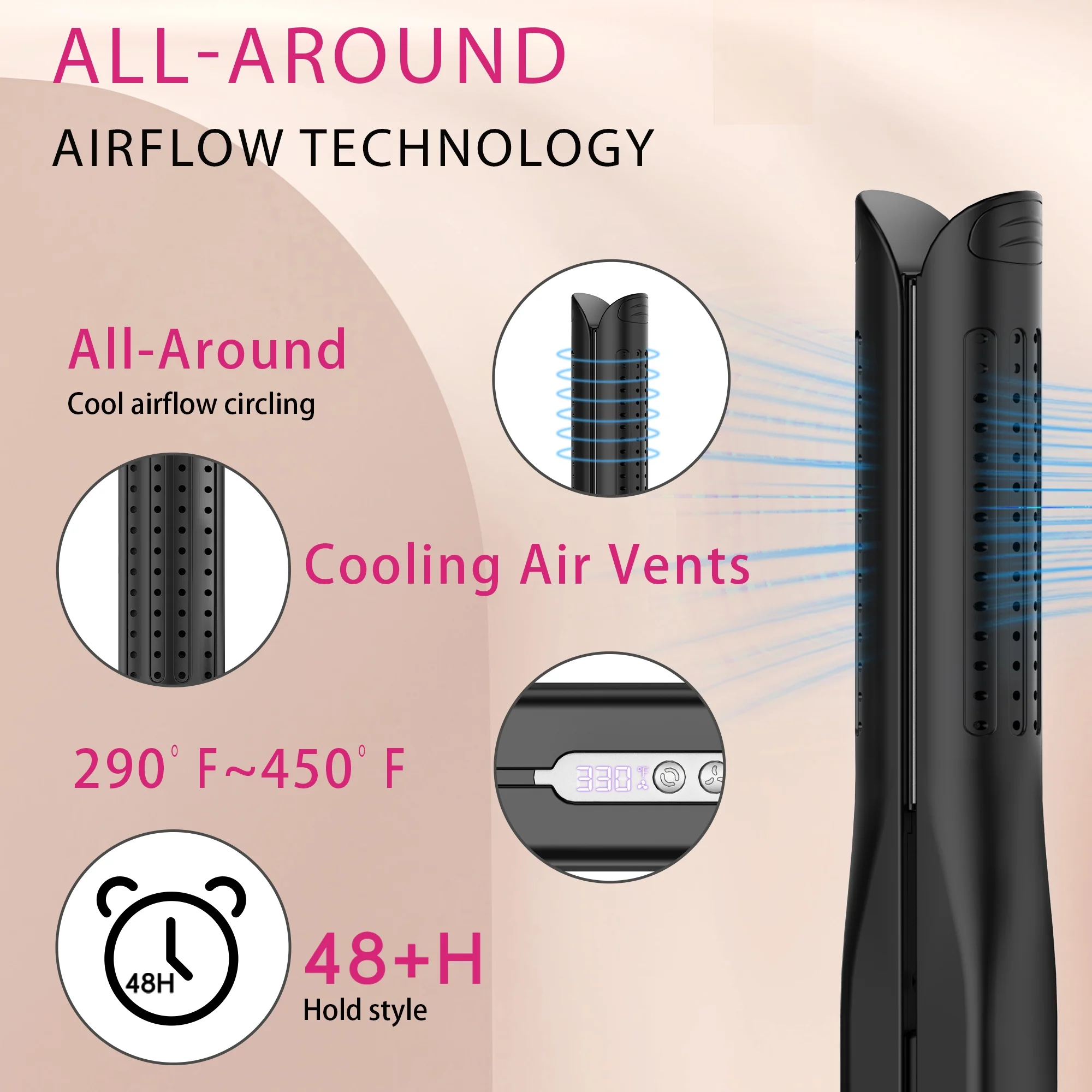 Nicebay Airflow Styling, Hair Straightener, 1 inch Curling Wand Cool Air Vent, 5 Temp, Dual Voltage& Auto Shut off, Rose Gold