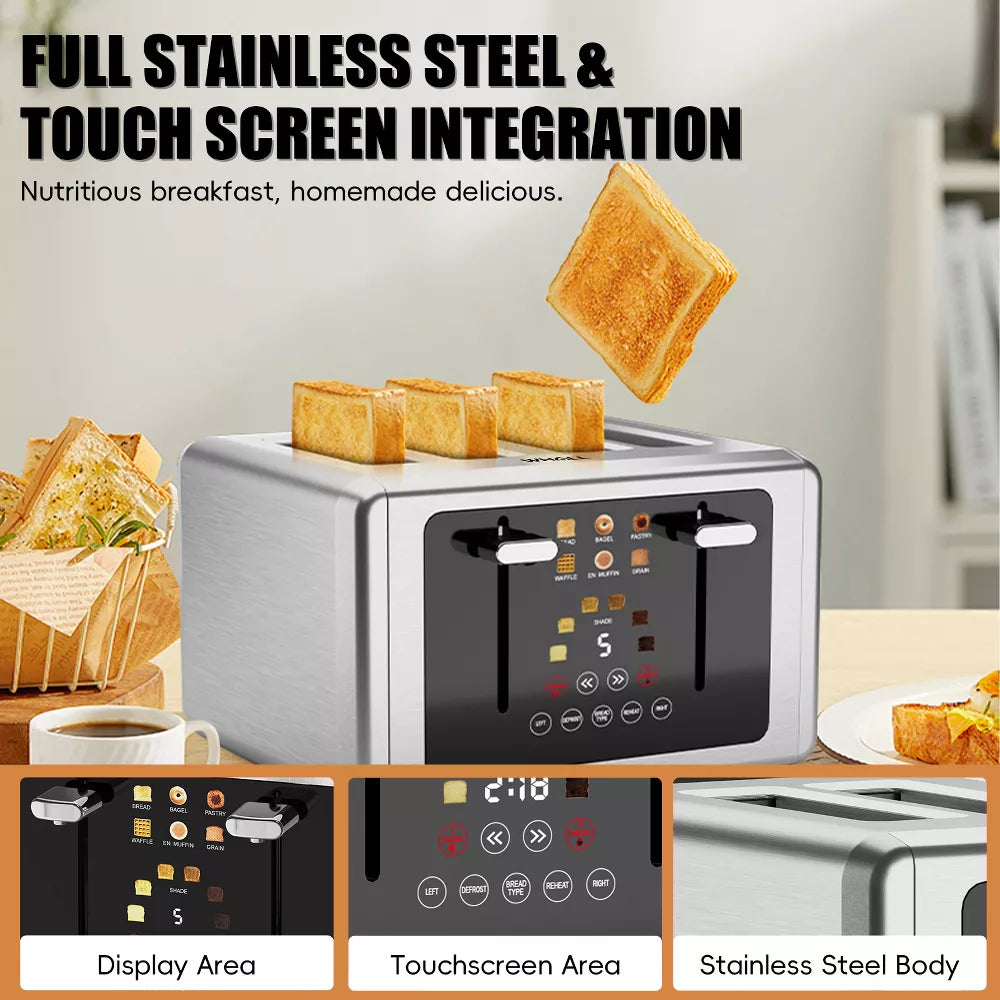 WHALL Toaster 4 Slice,Touchscreen Bread Toaster, Stainless Steel 4 Slice Toaster,Dual Control Panel Bagel Toasters, Smart Toasters with Wide Slots
