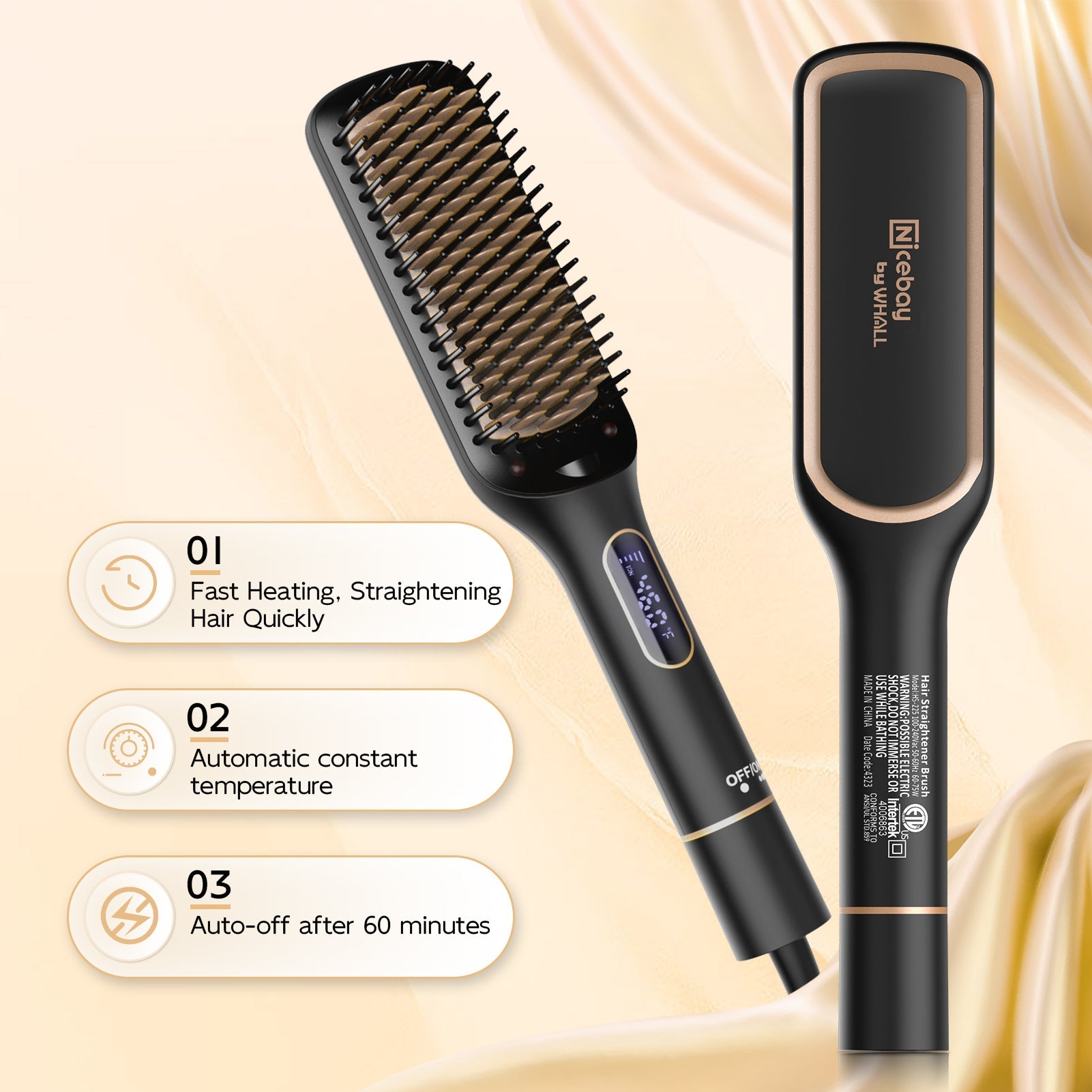 NICEBAY Hair Straightener Brush, Ionic Straightening Brush with Anti-Scald Feature, Auto Temperature Lock