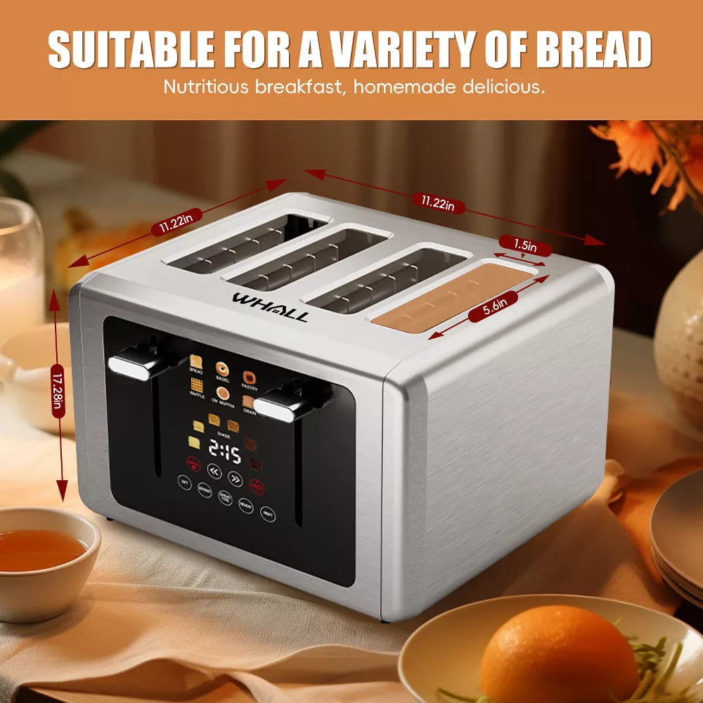 WHALL Toaster 4 Slice,Touchscreen Bread Toaster, Stainless Steel 4 Slice Toaster,Dual Control Panel Bagel Toasters, Smart Toasters with Wide Slots