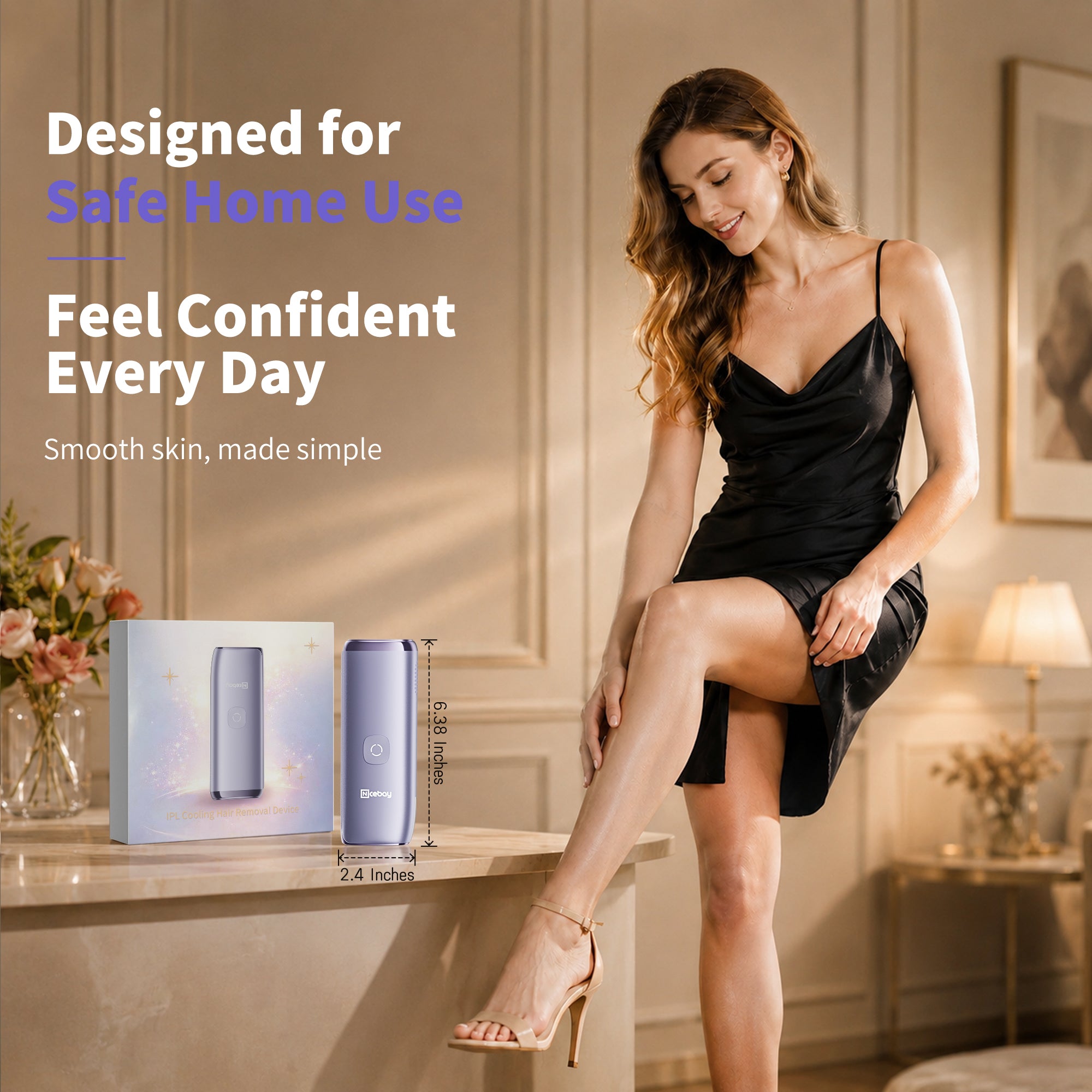 NICEBAY IPL Hair Removal Device with Sapphire Ice Cooling, At-Home Comfort Hair Remover for Women & Men, 4 Levels, Auto Flash, Face & Body