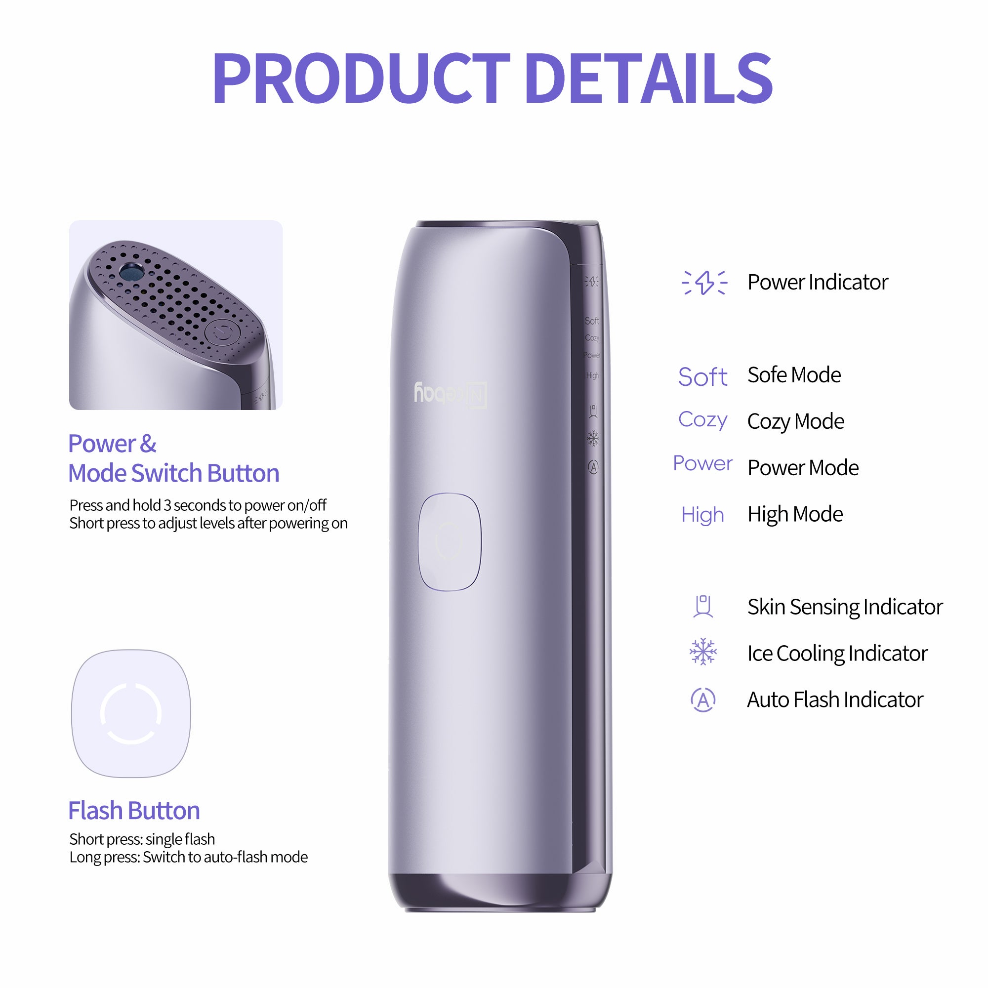 NICEBAY IPL Hair Removal Device with Sapphire Ice Cooling, At-Home Comfort Hair Remover for Women & Men, 4 Levels, Auto Flash, Face & Body