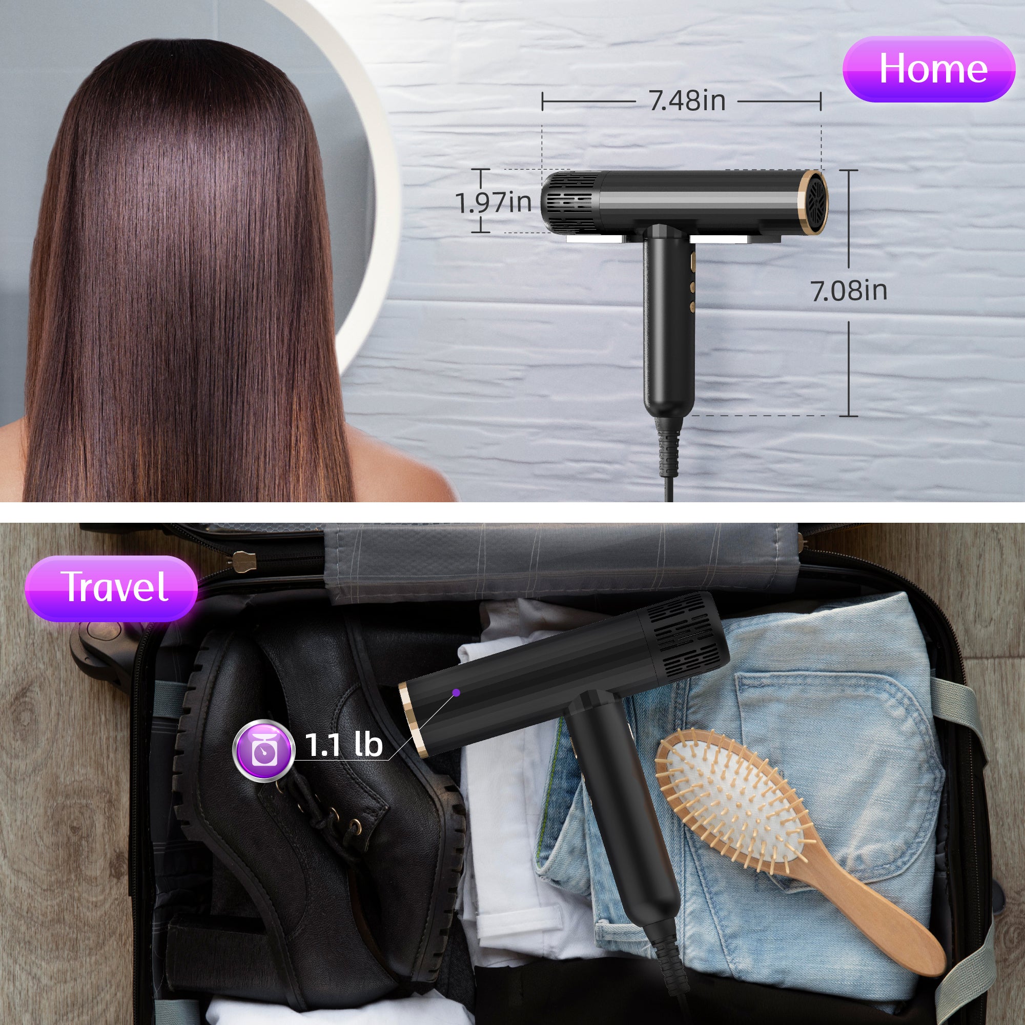 Nicebay 1600W High-Speed Ionic Hair Dryer, Brushless Motor 110,000 RPM, Fast Drying, Low Noise, Lightweight for Travel & Home