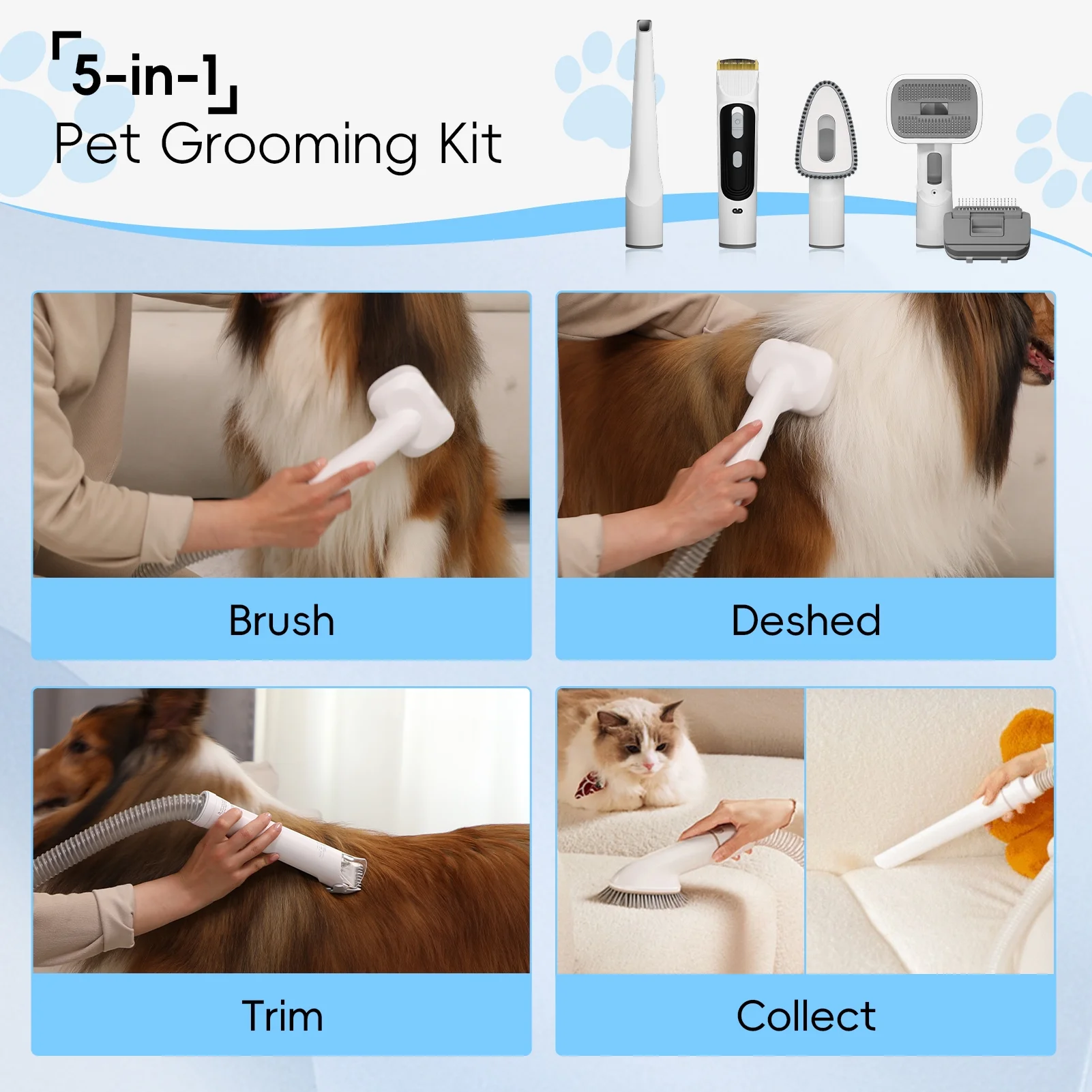NICEBAY Pet Grooming Vacuum, 5 in 1 Kits Dog Hair Vacuum with 3 Modes, 3L Large Dustbin, Low Noise