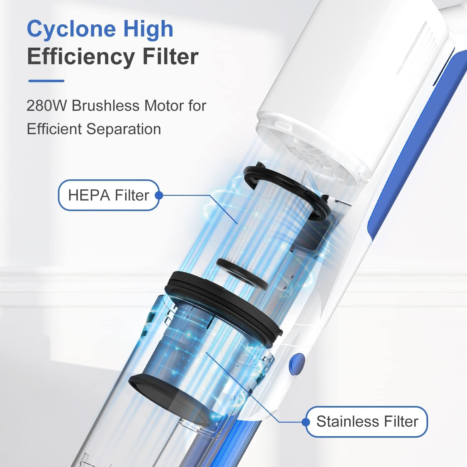 WHALL Cordless Vacuum Cleaner, 280W Brushless Motor, 25Kpa Stick Cordless Vacuum for Home, Hardwood Vacuum Cleaner,Lightweight Vacuum