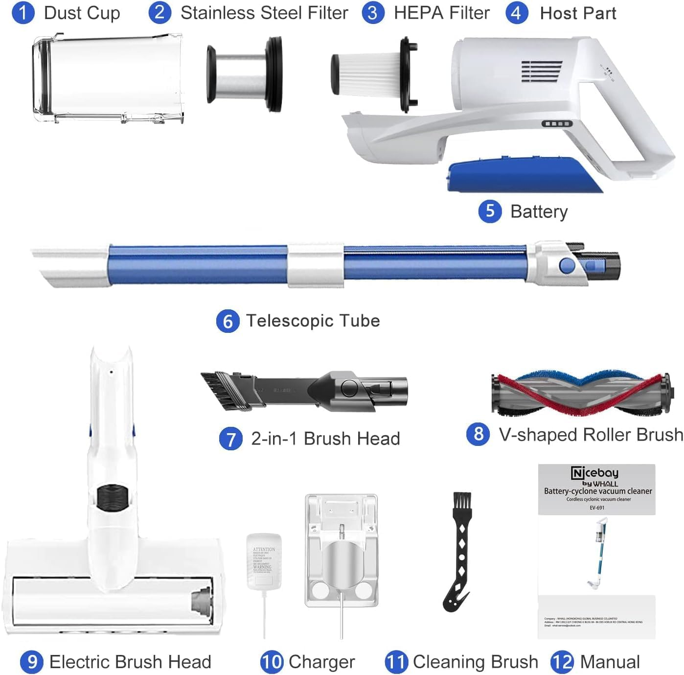 WHALL Cordless Vacuum Cleaner, 280W Brushless Motor, 25Kpa Stick Cordless Vacuum for Home, Hardwood Vacuum Cleaner,Lightweight Vacuum