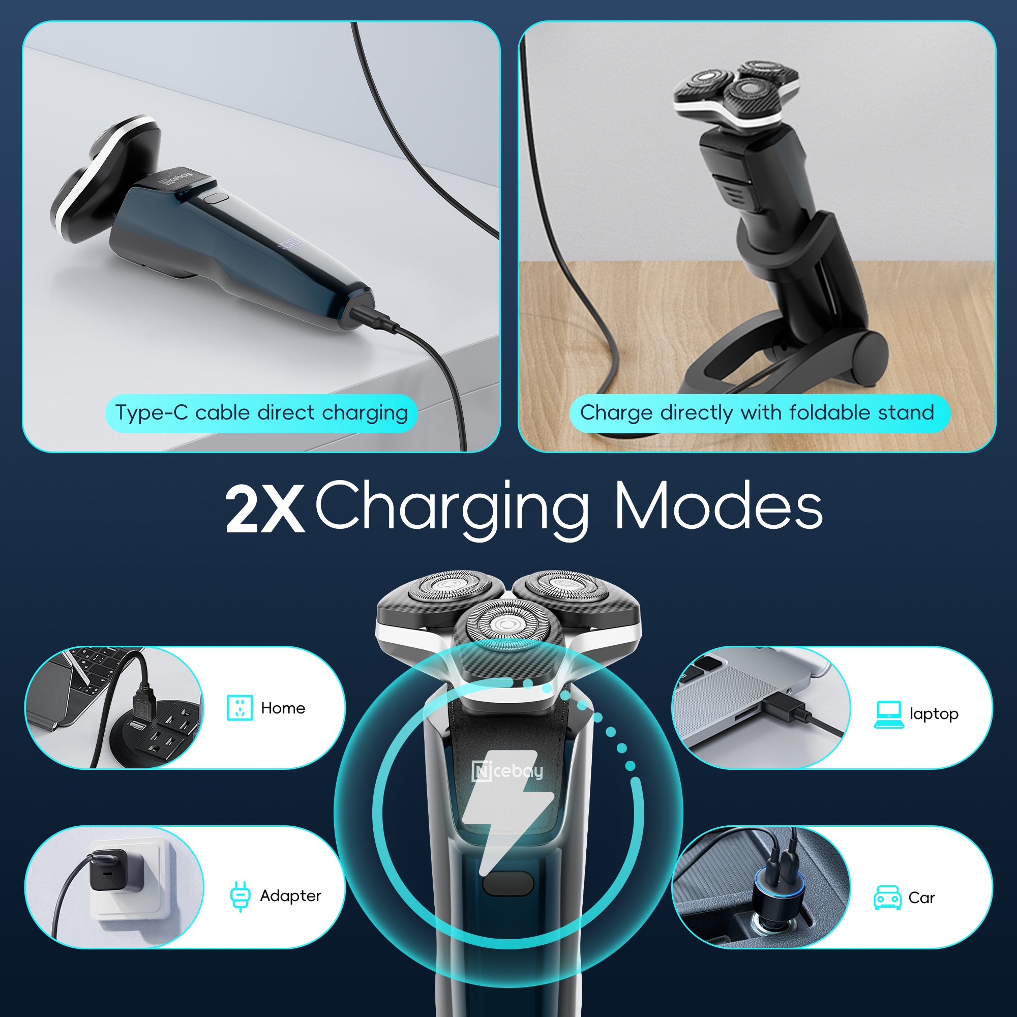 NICEBAY Electric Razor for Men, Wet/Dry Electric Shaver with Nose Trimmer, LED Display, Travel Lock, Type-C Charging Stand, IPX7 Waterproof