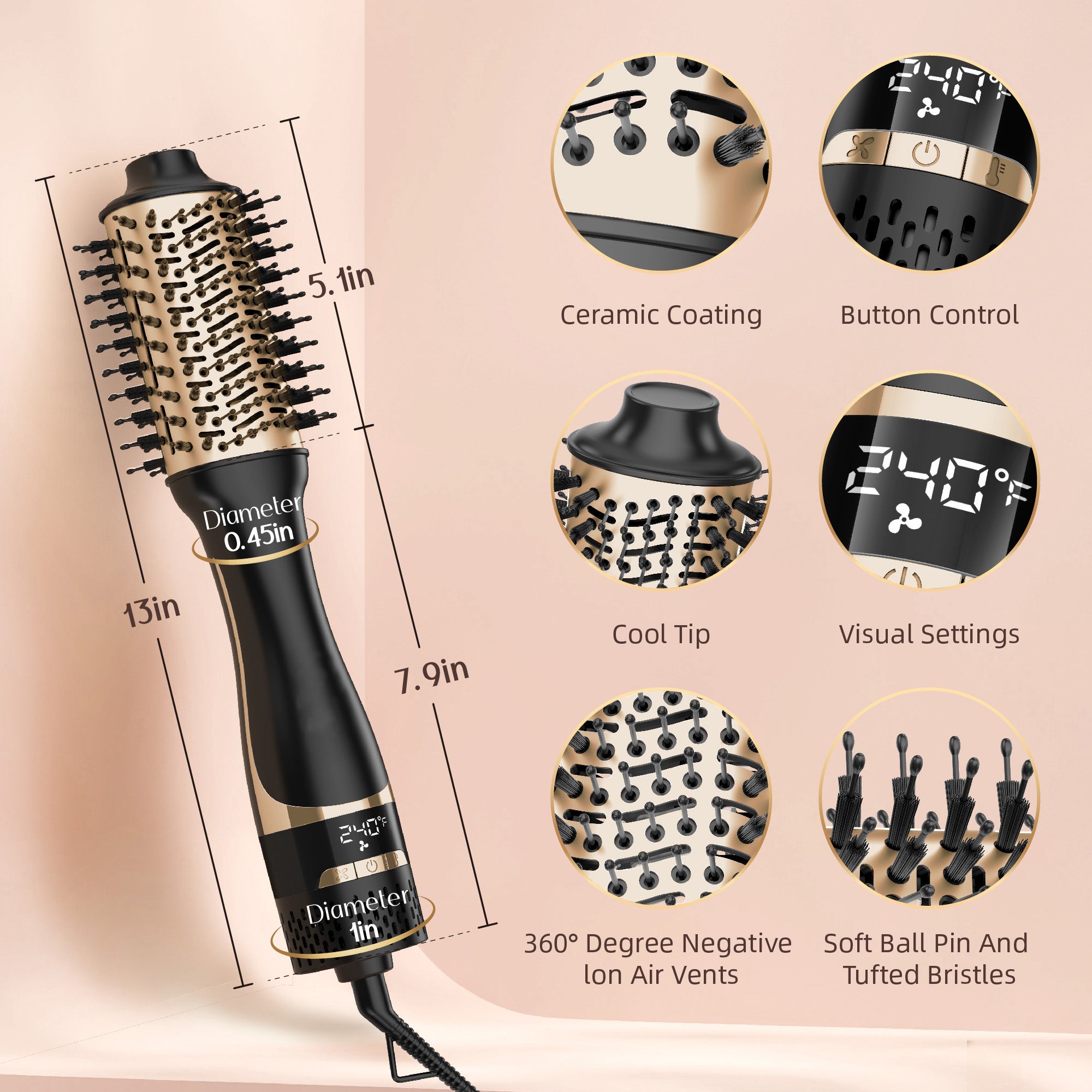 SKIMI Hair Dryer Brush, Hot Air Brush Digital Display, Blow Dryer Brush Ceramic Barrel, Curling Brush, Blowout Brush
