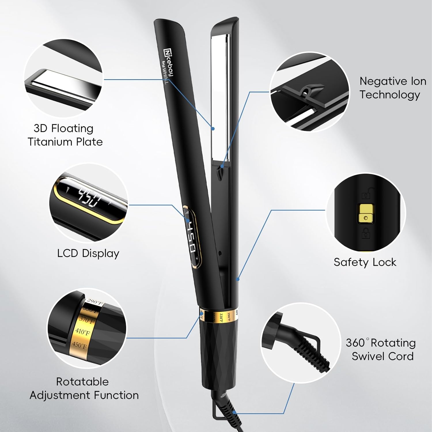 NICEBAY Hair Straightener Flat Iron, Titanium Flat Iron, Hair Straightener and Curler, For Fast Heating Hair Care, 5 Temp Settings.