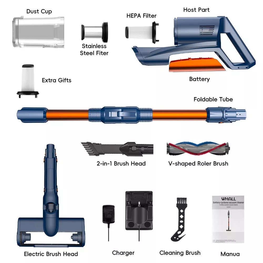 WHALL Cordless Vacuum Cleaner, 25Kpa Stick Cordless Vacuum 280W Brushless Motor, lightweight Vacuum Lightweight for Home, Hardwood Vacuum Rechargeable