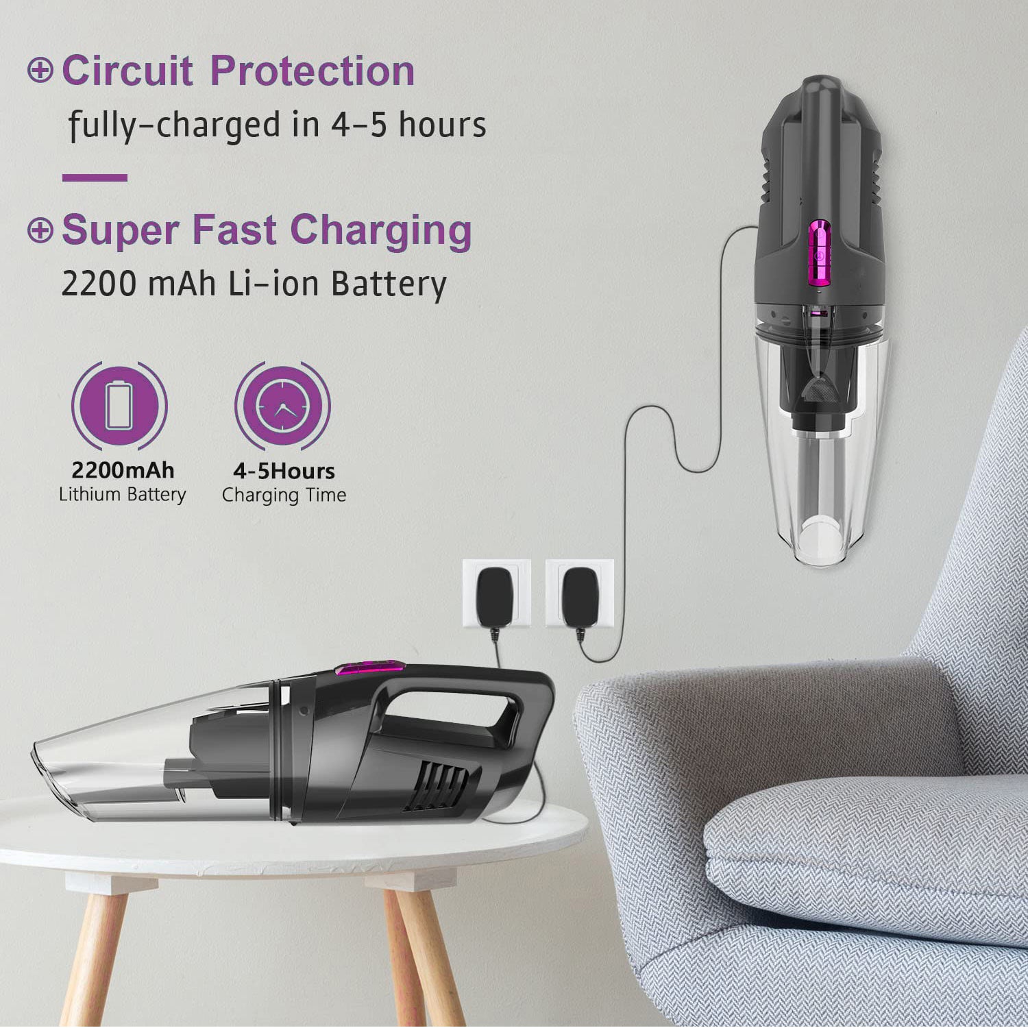 WHALL Cordless Handheld Vacuum, 8500PA Strong Suction, Wet/Dry Use for Car & Home, Lightweight with LED Light