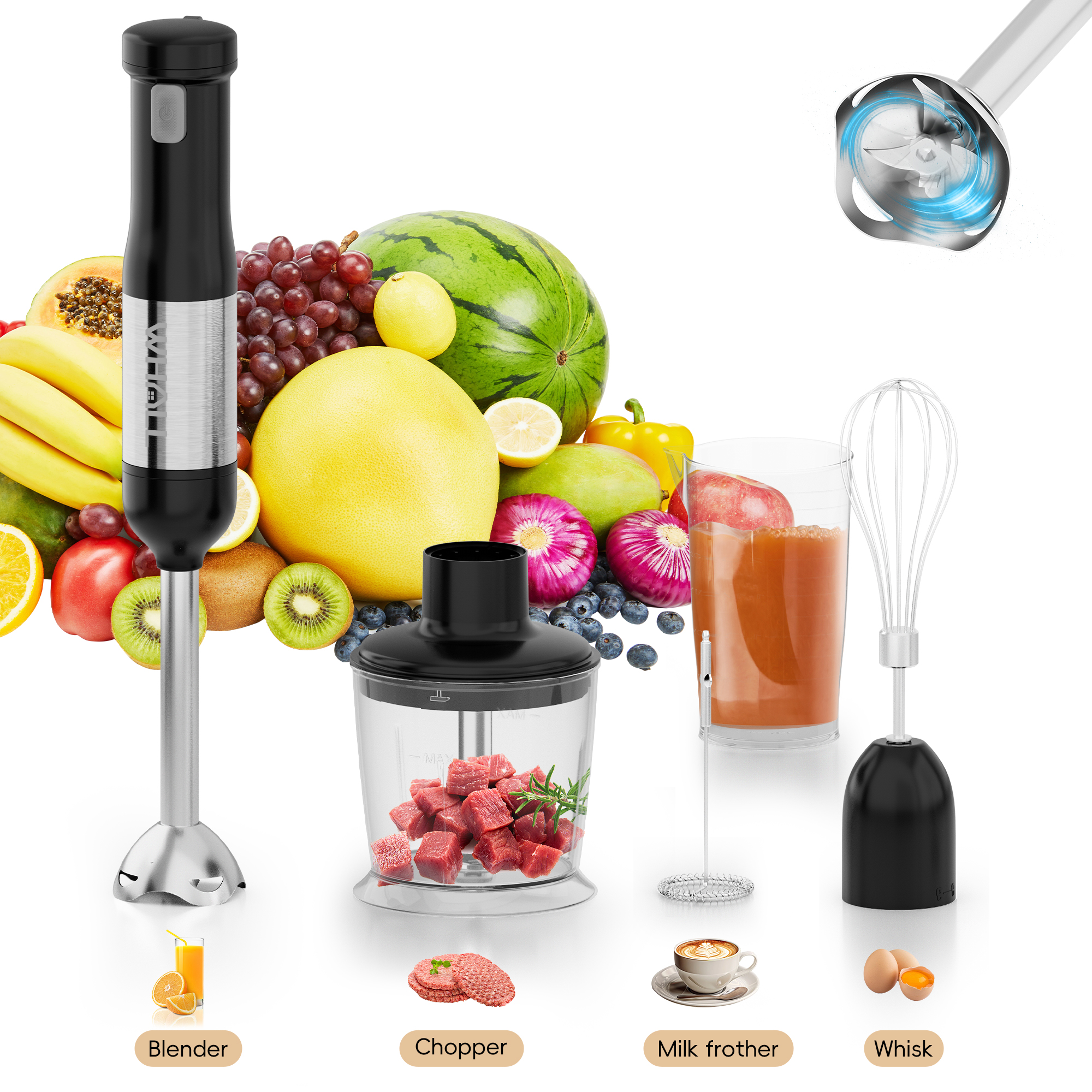 WHALL Immersion Blender,Handheld Blender with Whisk, Milk Frother