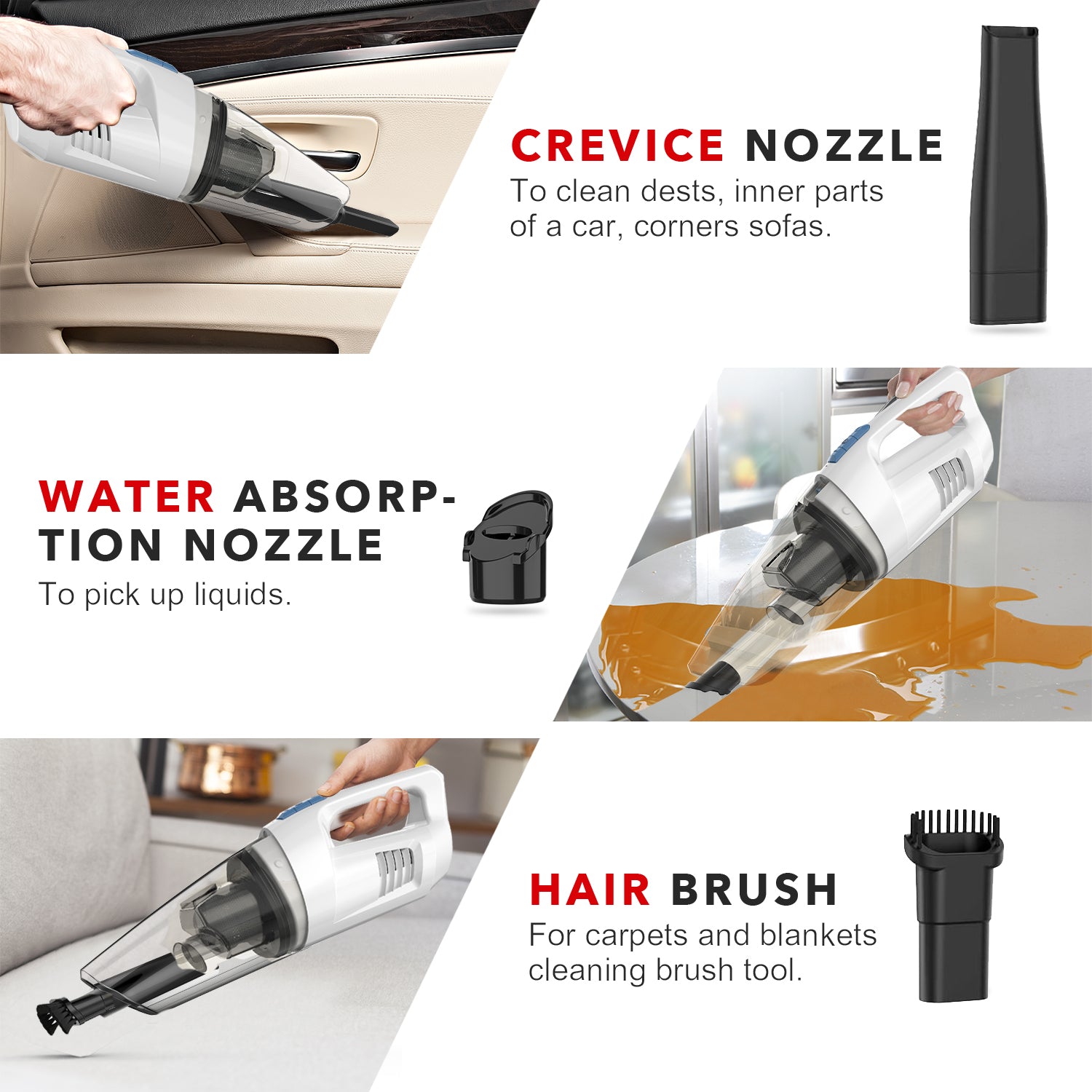 WHALL 8500PA Handheld Cordless Vacuum, Wet/Dry Function for Car/Home, Portable Lightweight Design with LED Lamp