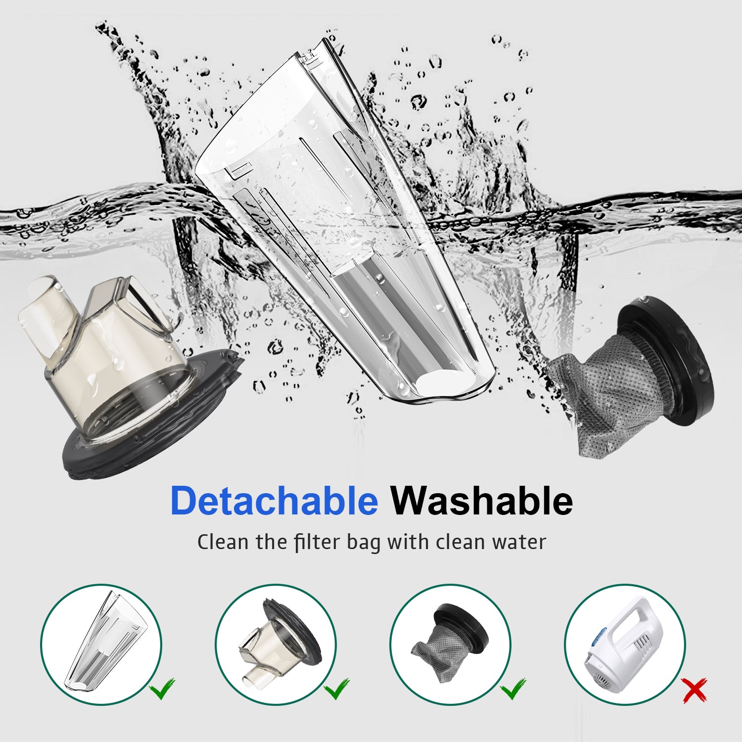 WHALL 8500PA Handheld Cordless Vacuum, Wet/Dry Function for Car/Home, Portable Lightweight Design with LED Lamp