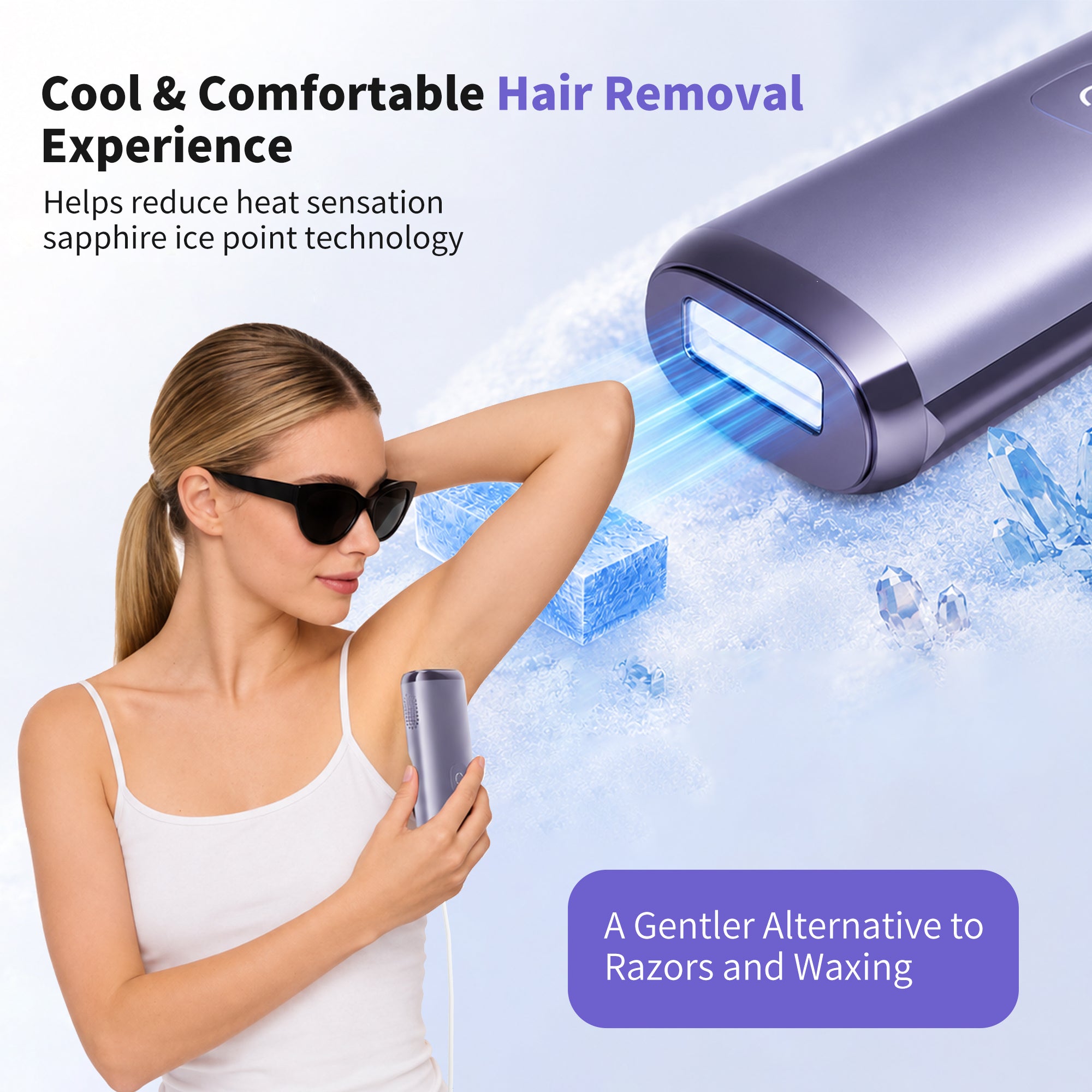 NICEBAY IPL Hair Removal Device with Sapphire Ice Cooling, At-Home Comfort Hair Remover for Women & Men, 4 Levels, Auto Flash, Face & Body