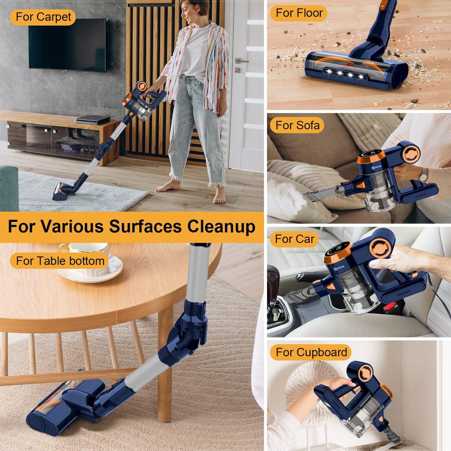 WHALL Cordless Vacuum Cleaner, 25KPa Powerful Suction, 280W Brushless Motor, Detachable Battery, Stick Vacuum for Home Use