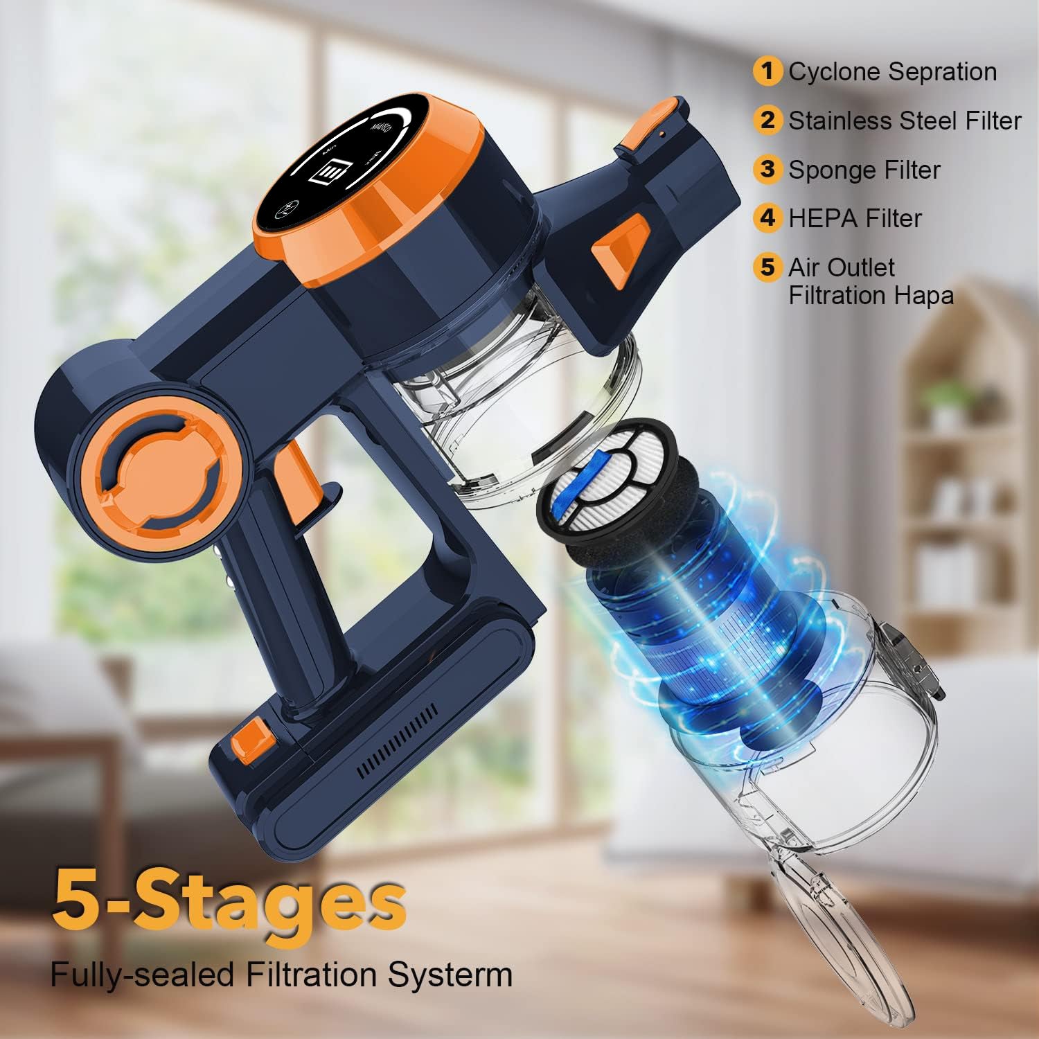 WHALL Cordless Vacuum Cleaner, 25KPa Powerful Suction, 280W Brushless Motor, Detachable Battery, Stick Vacuum for Home Use