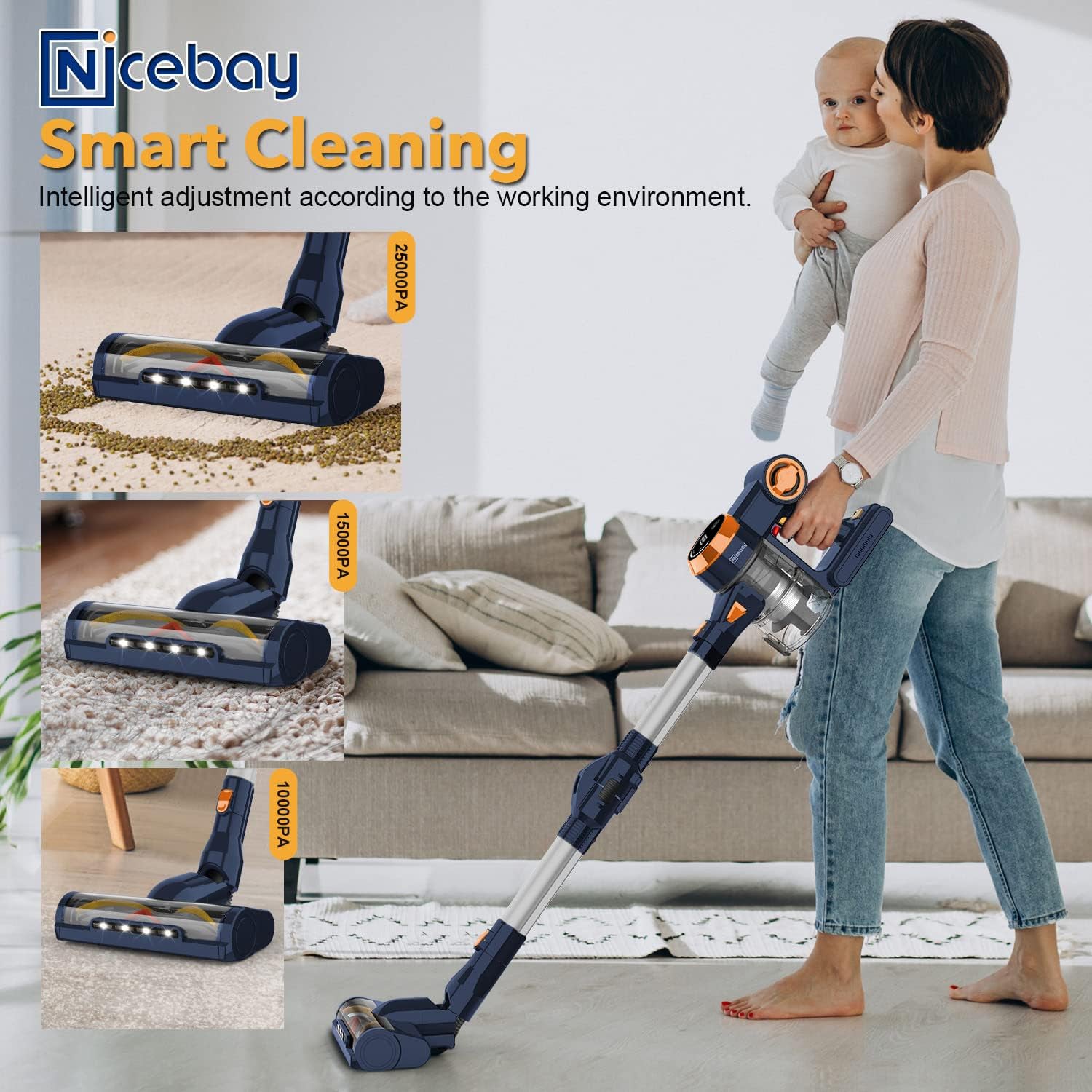 WHALL Cordless Vacuum Cleaner, 25KPa Powerful Suction, 280W Brushless Motor, Detachable Battery, Stick Vacuum for Home Use