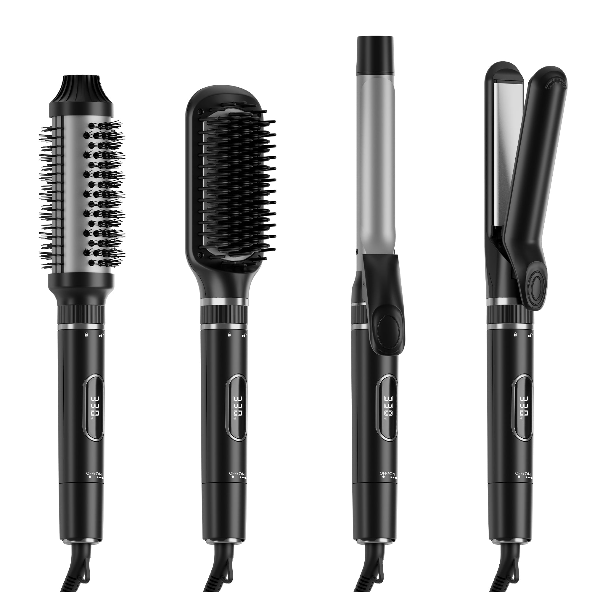 NICEBAY 4-in-1 Hair Tool set - Hair Straightening Brush, Thermal Brush, Flat Iron & 1" Ceramic Curling Iron, 5 Temps
