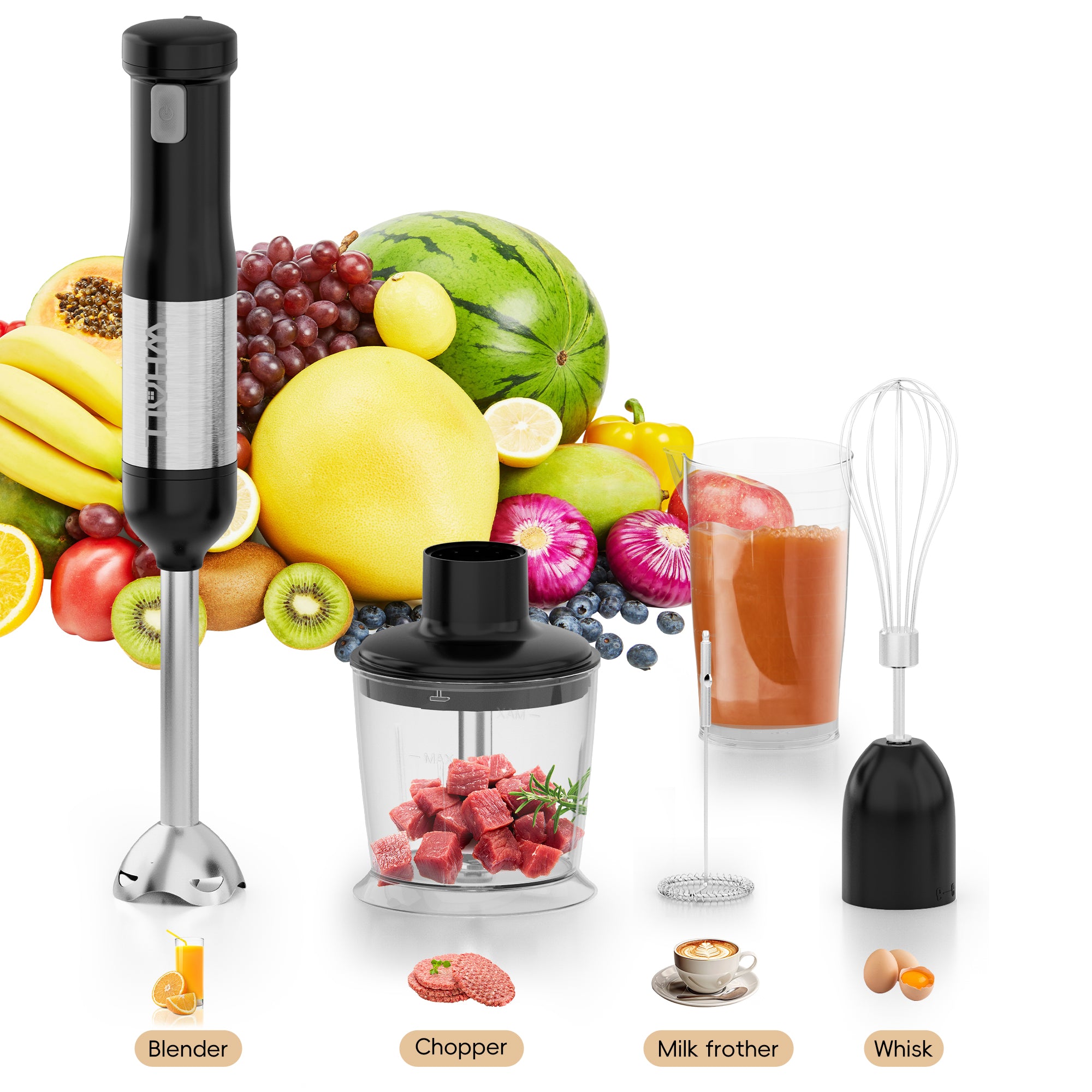 WHALL Immersion Blender, Rechargeable  Handheld Blender with Whisk, Milk Frother Attachments,