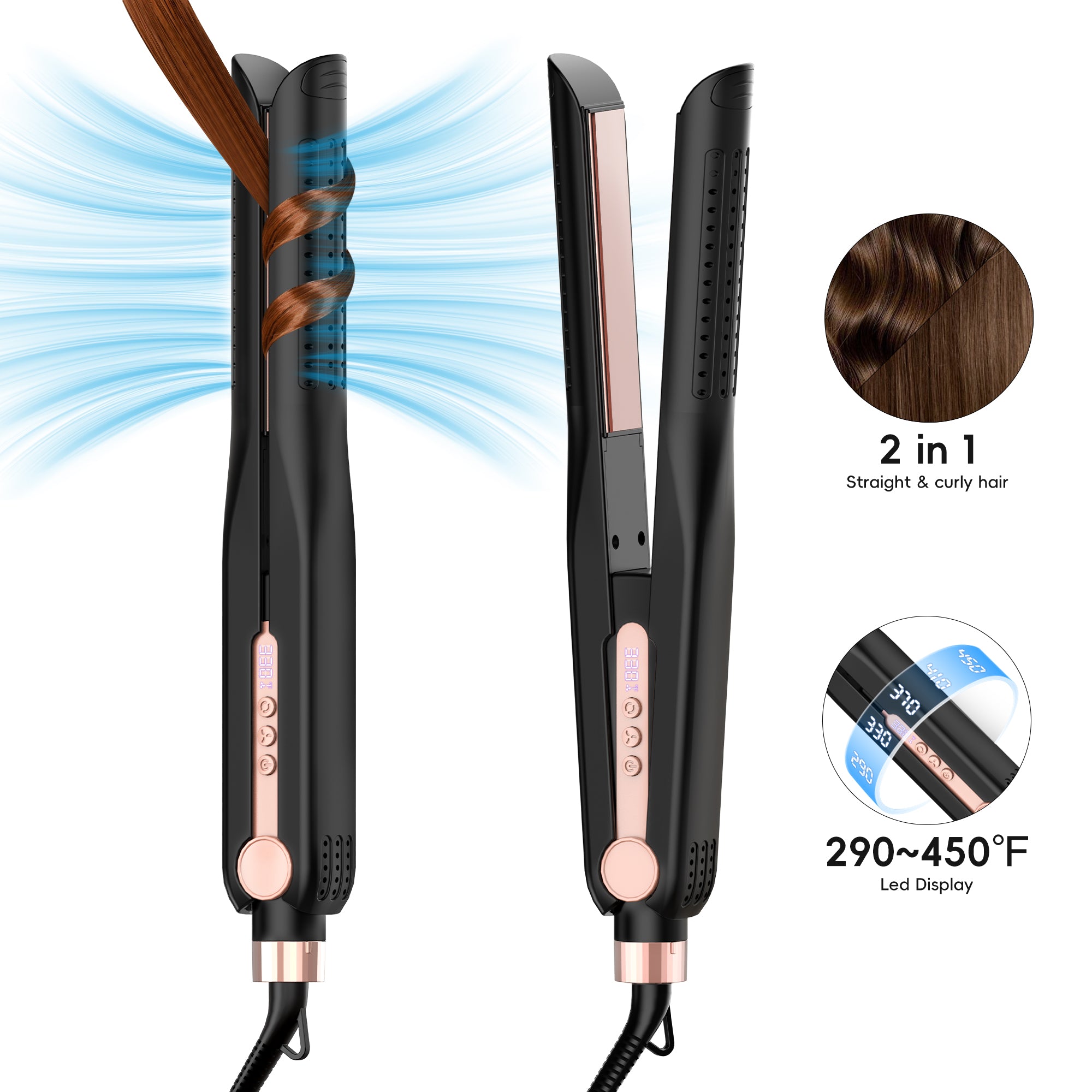 Nicebay Airflow Styling, Hair Straightener, 1 inch Curling Wand Cool Air Vent, 5 Temp, Dual Voltage& Auto Shut off, Rose Gold