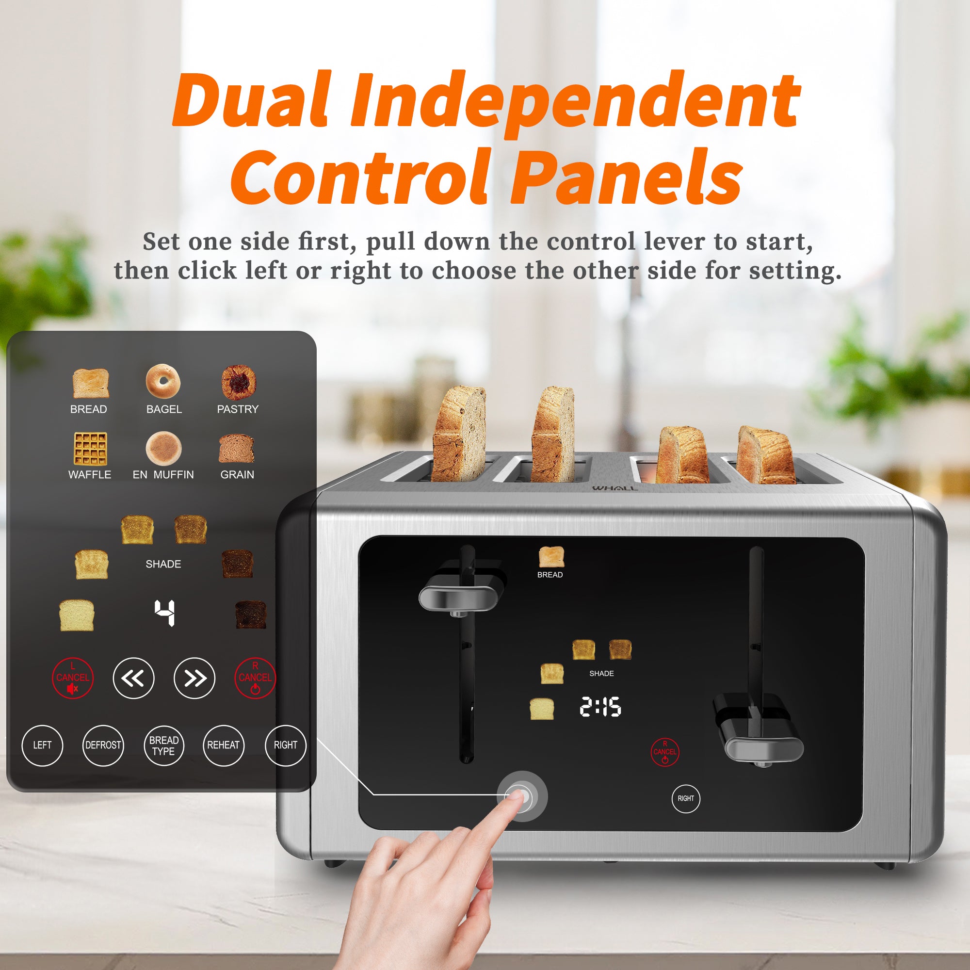 Whall 4 Slice Toaster with Touch Screen, 4 Wide Slots, Silver Stainless Steel Smart Bread Toasters Digital Timer, Dual Control Panel Toasters, Bagel