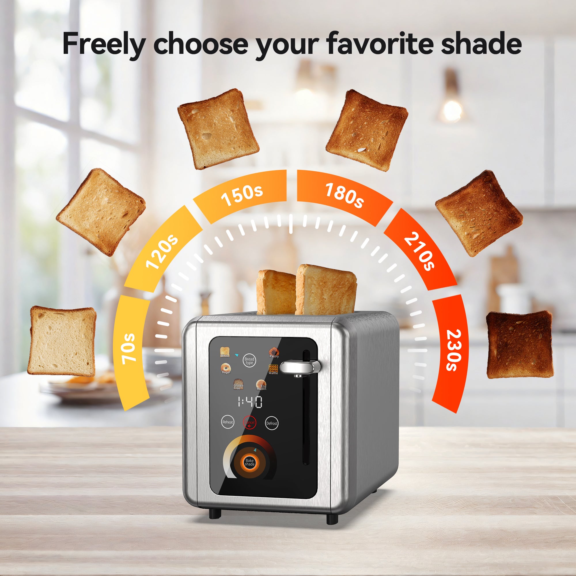 WHALL Touchscreen Toaster 2 Slice,  Stainless Steel, Warming Rack, 1.5 Wide Slots, 850W