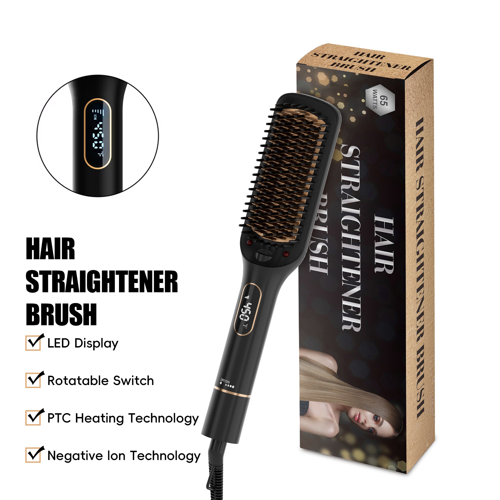 Nicebay Hair Straightener Brush Travel, 6 Temperature Options Hair Straightening Brush, Rotatable Switch  Straightener Brush