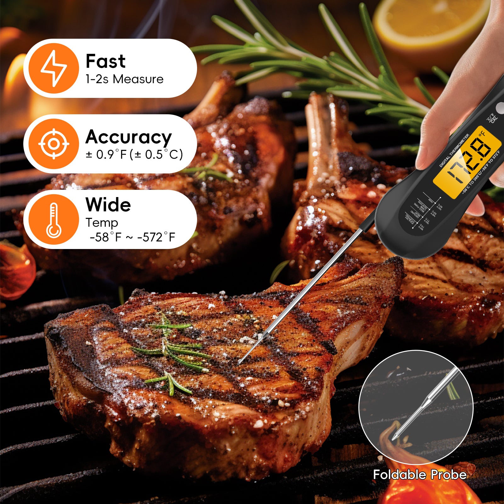 Meat Thermometer, Waterproof & Ultra-Fast Instant Read Food Thermometer
