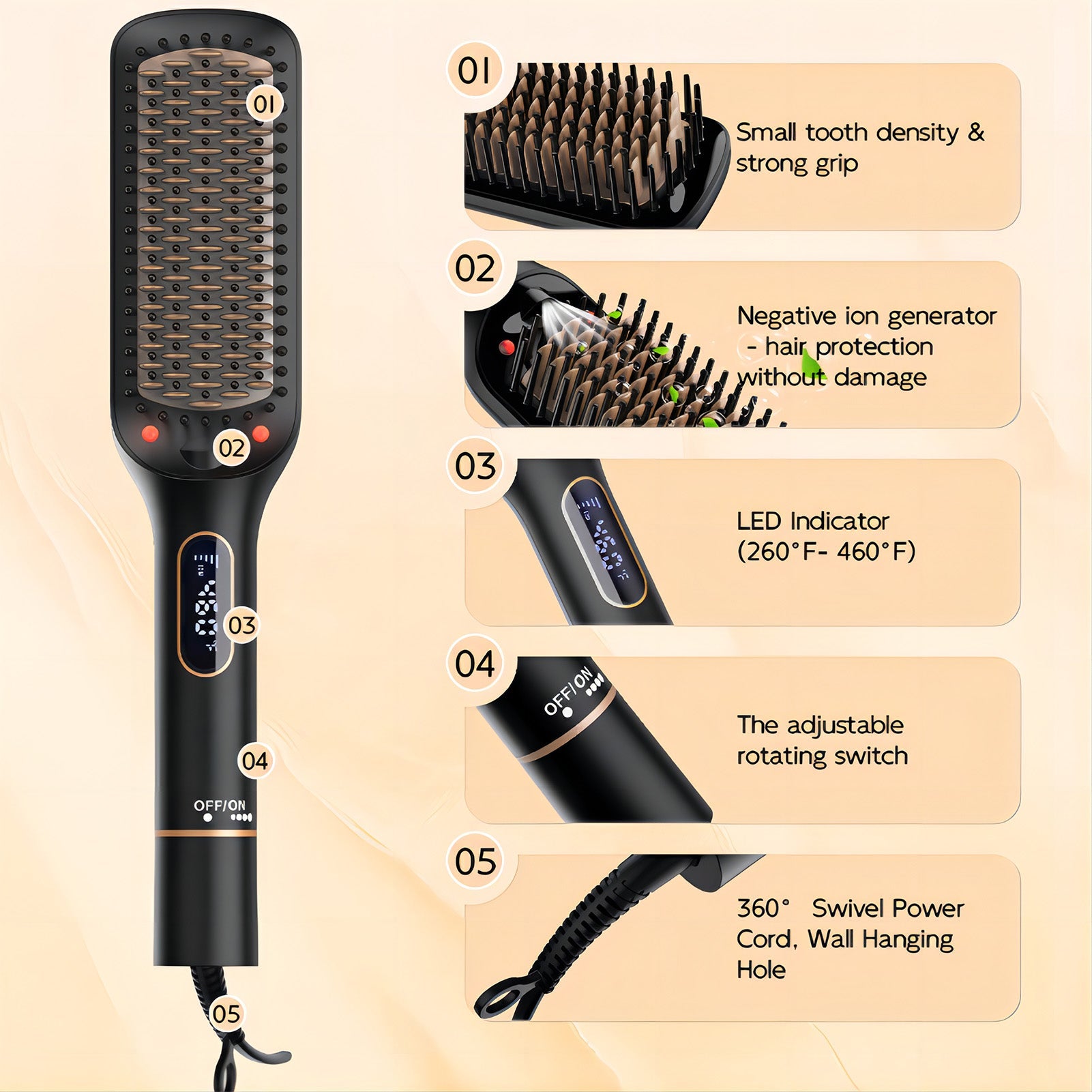 NICEBAY Hair Straightener Brush,  Ionic Straightening Brush with Anti-Scald Feature, Auto Temperature Lock