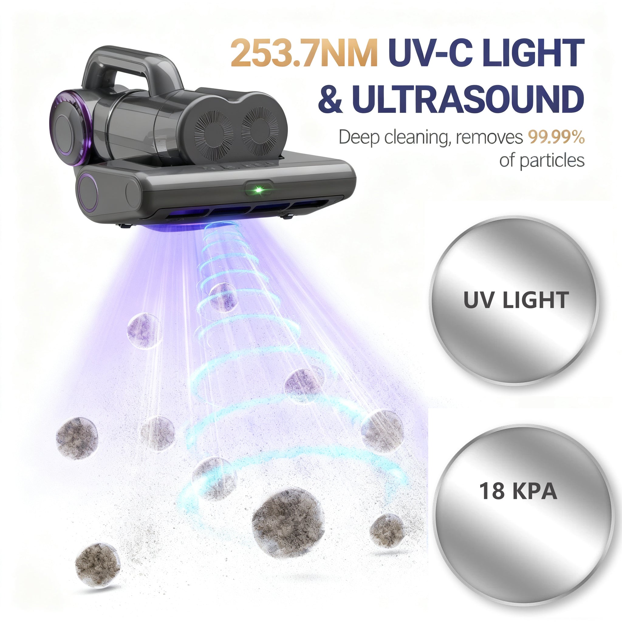WHALL 500W Mattress Vacuum, Powerful 16Kpa with 253.7nm UV-C Lamp, 140°F Heat & HEPA, Ultrasonic Handheld for Bed/Sofa/Crib