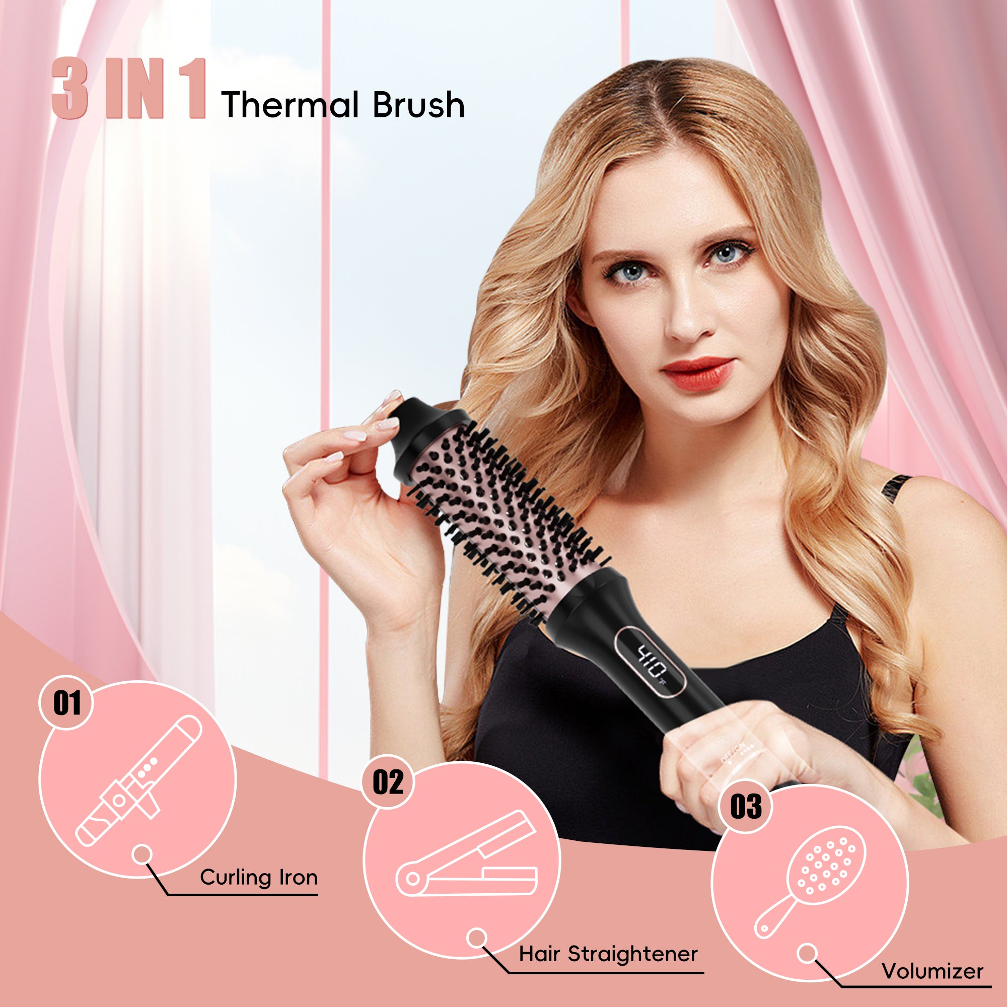 SKIMI Thermal Brush, Curling Iron, 1.5 inch Electric Curl Wand, Negative Ion Technology Reduce Hair Damage, Heated Round Brush, Travel and Home