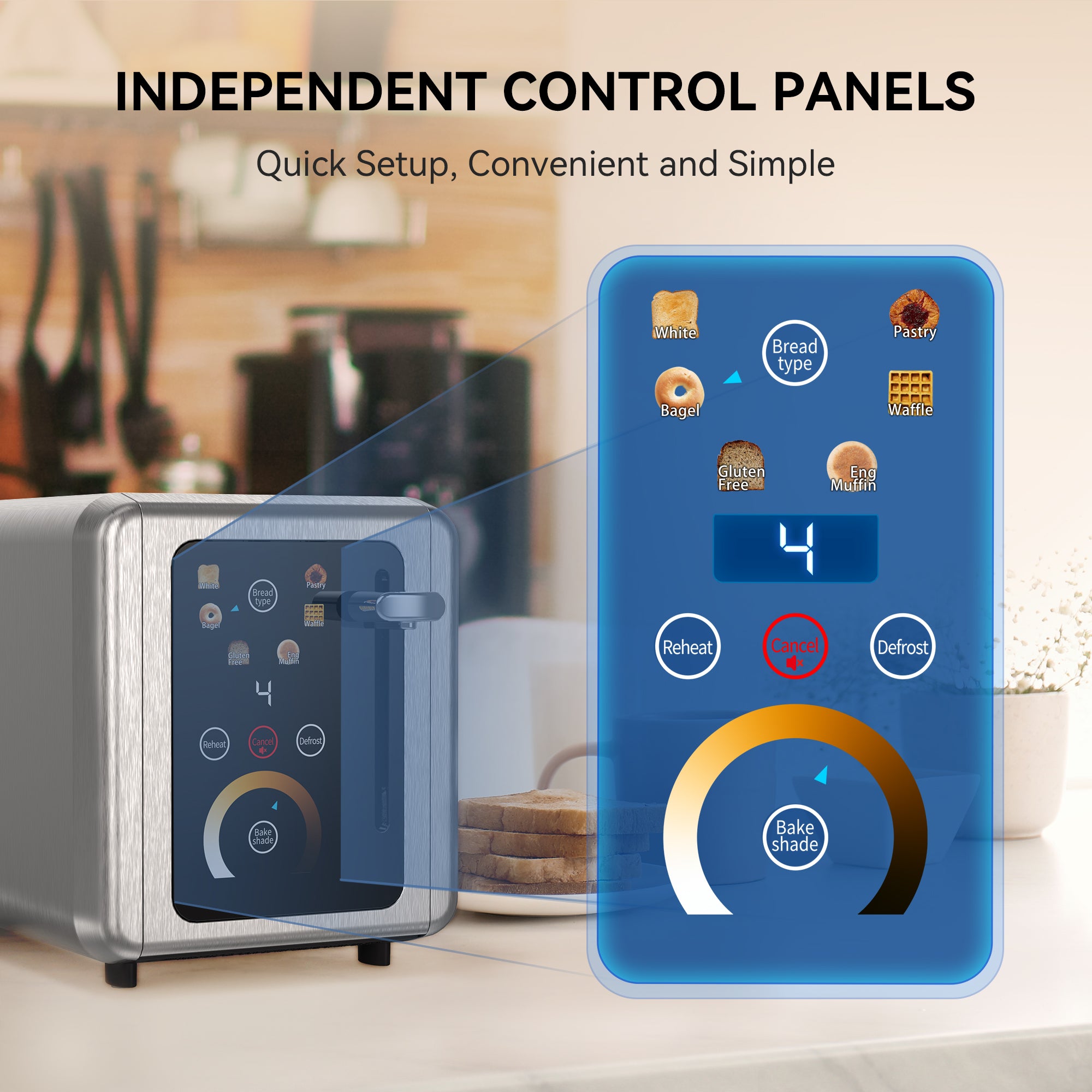 WHALL Touchscreen Toaster 2 Slice,  Stainless Steel, Warming Rack, Wide Slots, Bagel, Defrost, 850W