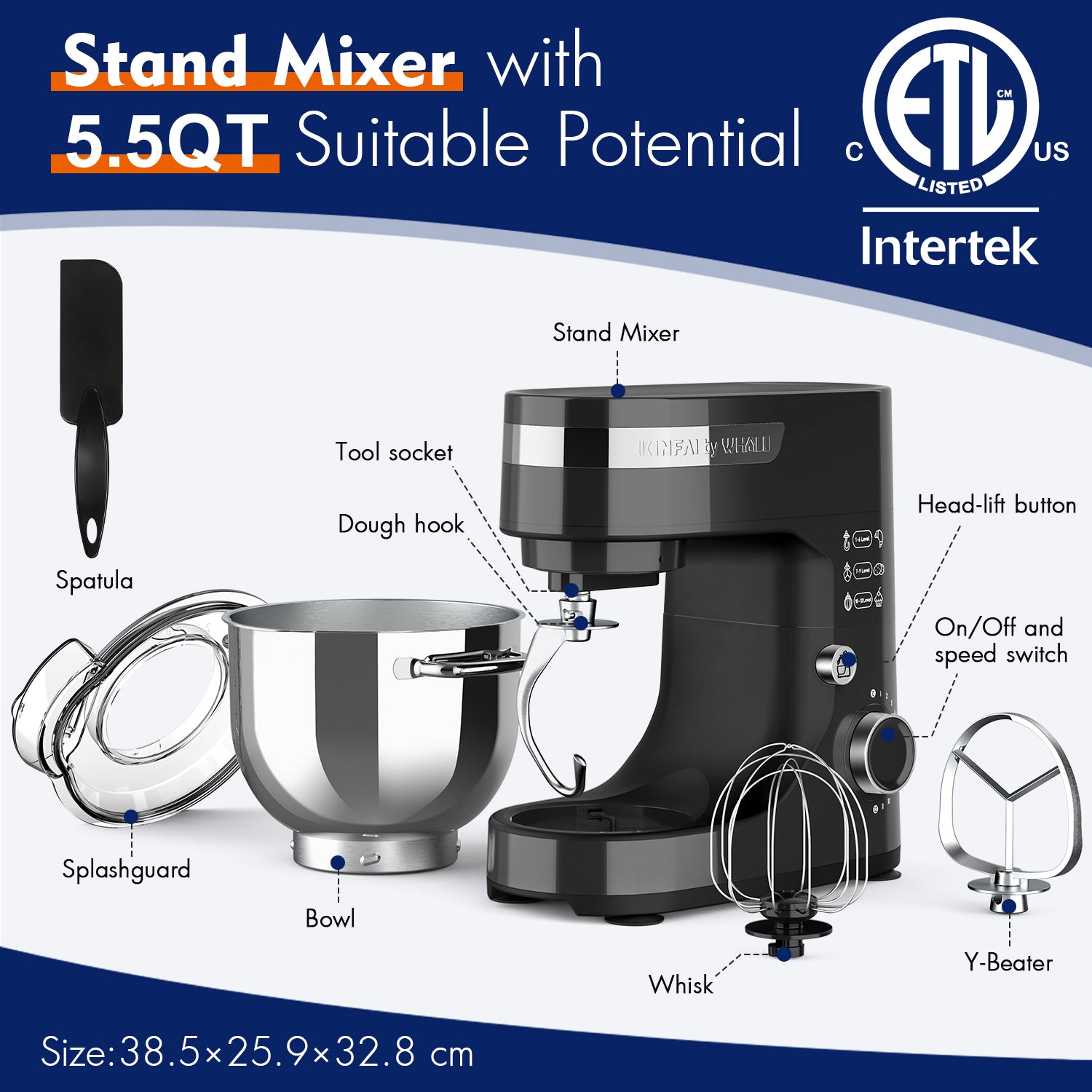 WHALL Stand Mixer,12-Speed Tilt-Head Electric Kitchen Mixer with Dough Hook/Wire Whip/Beater, Stainless Steel Bowl Black