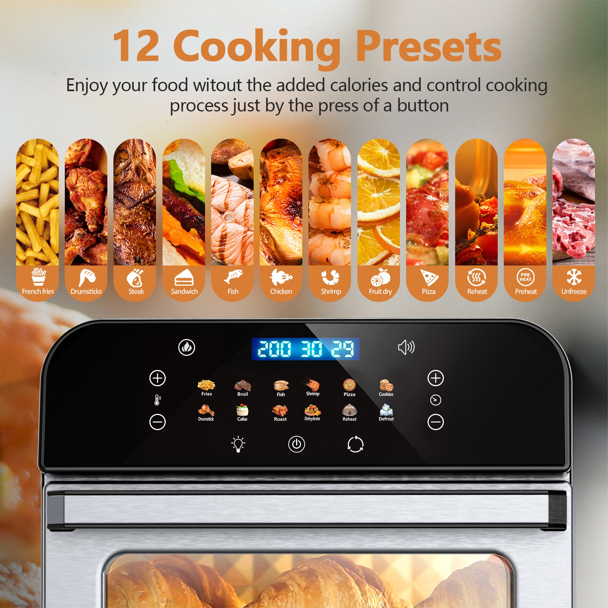 Whall 12L Touchscreen Air Fryer Toaster Oven, 12 Pre-set Menus, Clear Window, Less Oil 95%