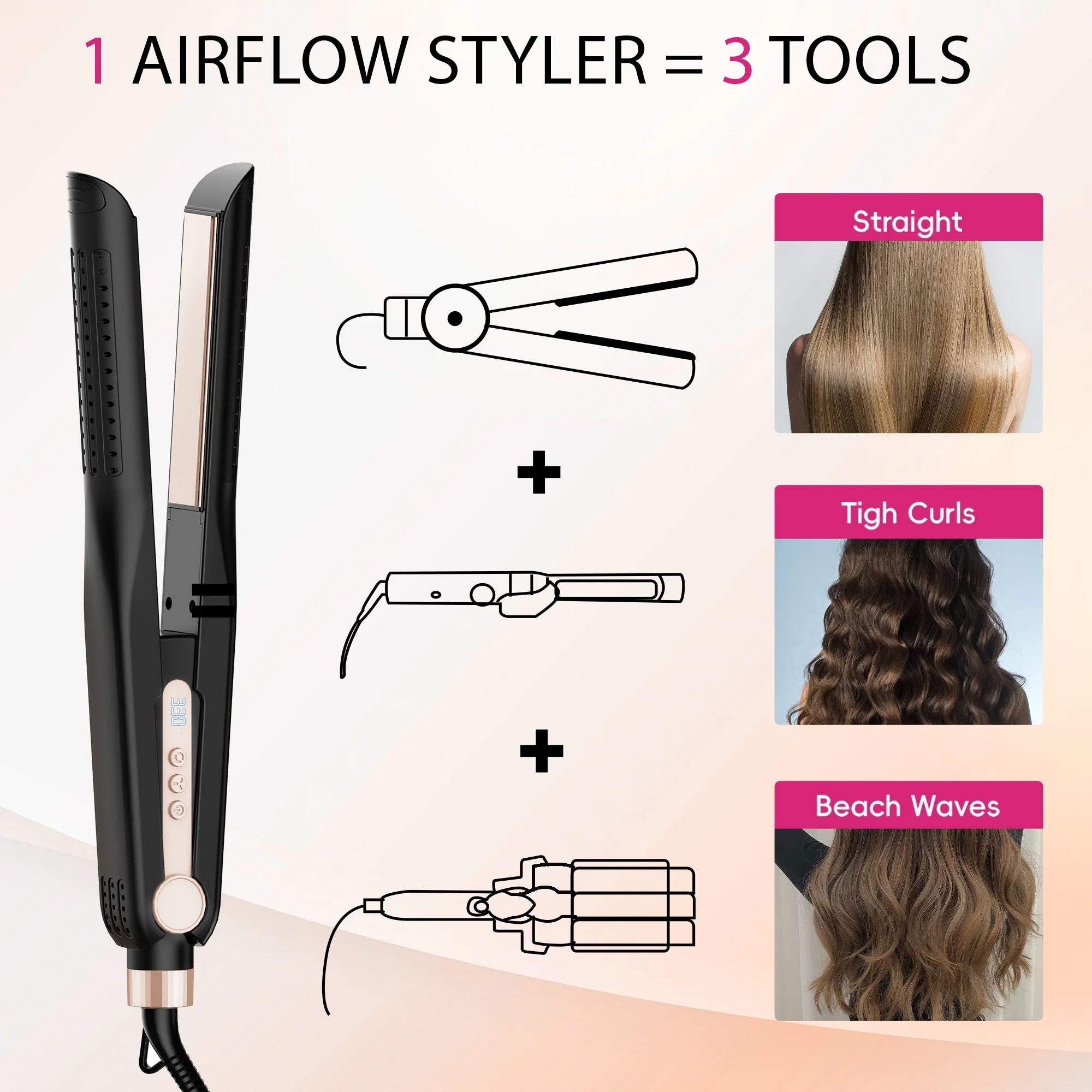 Nicebay Airflow Styling, Hair Straightener, 1 inch Curling Wand Cool Air Vent, 5 Temp, Dual Voltage& Auto Shut off, Rose Gold