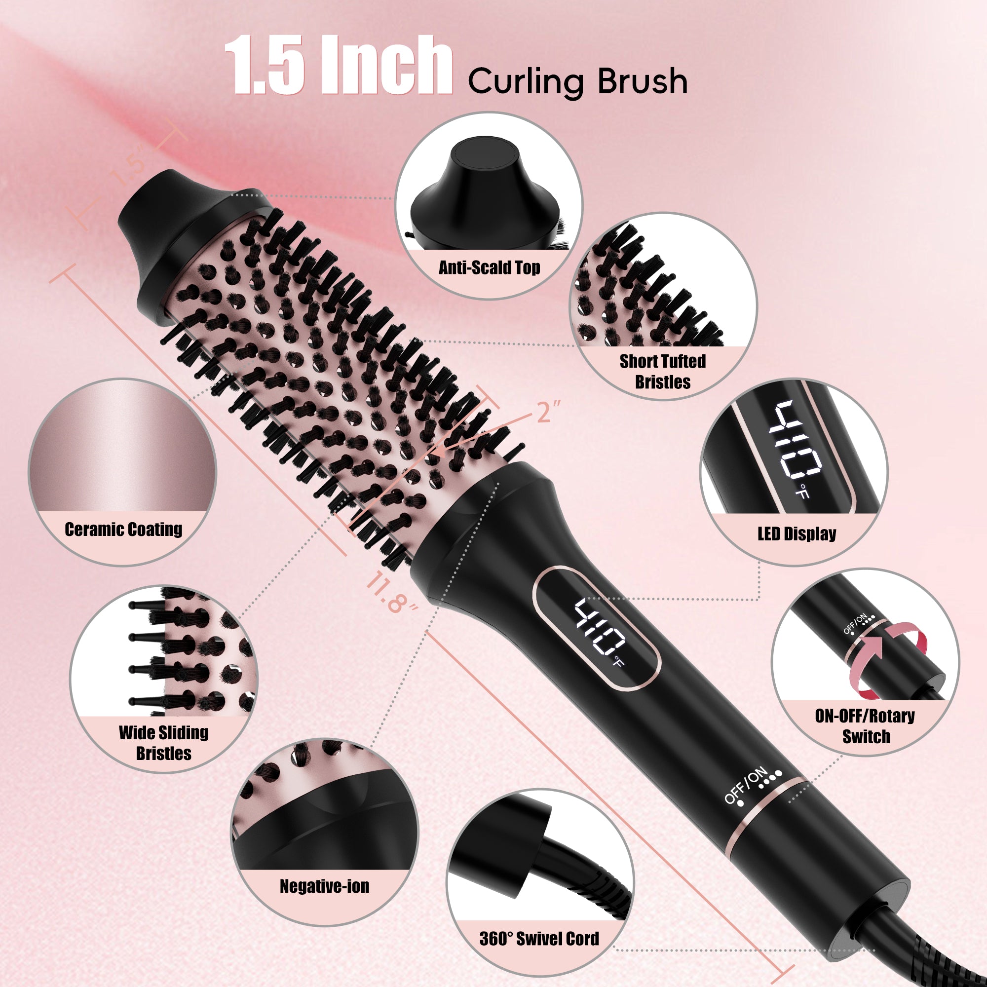 SKIMI Thermal Brush, Curling Iron, 1.5 inch Electric Curl Wand, Negative Ion Technology Reduce Hair Damage, Heated Round Brush, Travel and Home